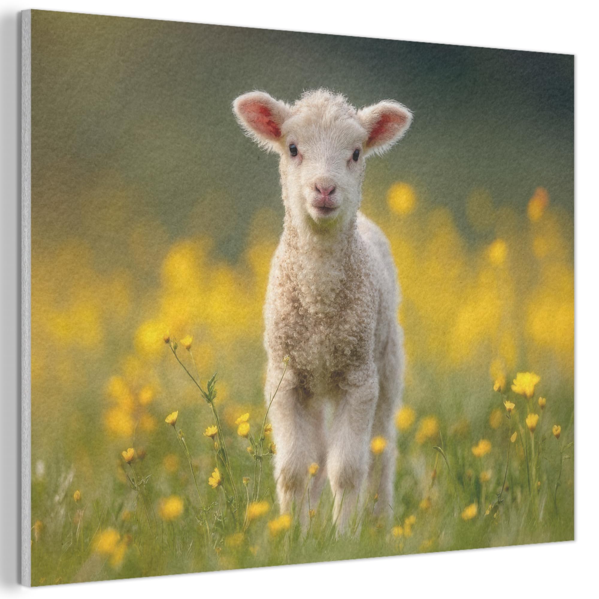 MuchoWow© Felt Panel 100x70 cm Framed Design Print Accent Interior Wallart Decoration Wall Art Lamb - Grass - Flowers - Yellow