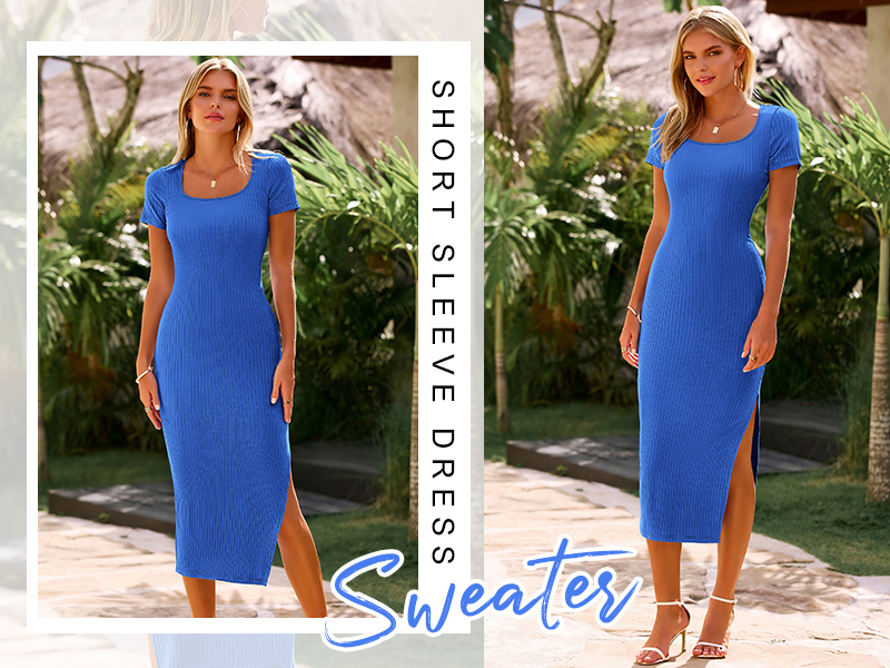 women's short sleeve long dress CFLONGE Women 2026 Summer Short Sleeve Dresses Crew Neck Slim Fit Long  Casual Knit Ribbed Bodycon Party Club Maxi Dress for Women(Apricot,Small)  at Amazon Women's Clothing store