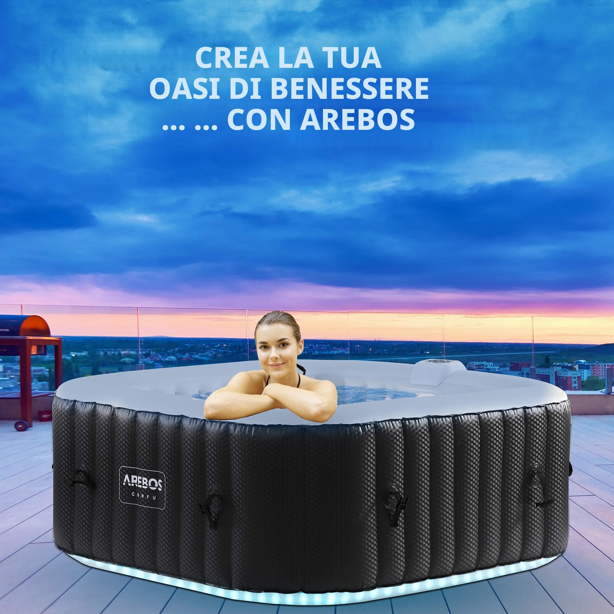 Arebos Vasca idromassaggio gonfiabile con illuminazione a LED | 154x154 cm | 6 colori | quadrato | per interni ed esterni | per 4 persone | 130 getti massaggianti | con riscaldamento | 600 l