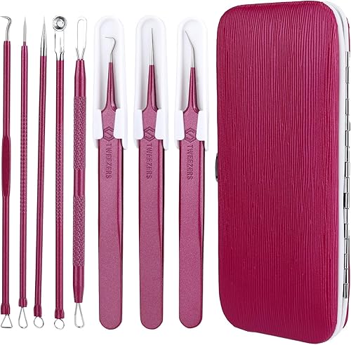 8 herramientas para eliminar puntos negros, aguja de espinillas, acero inoxidable, color rojo rosa, kit de herramientas con estuche de