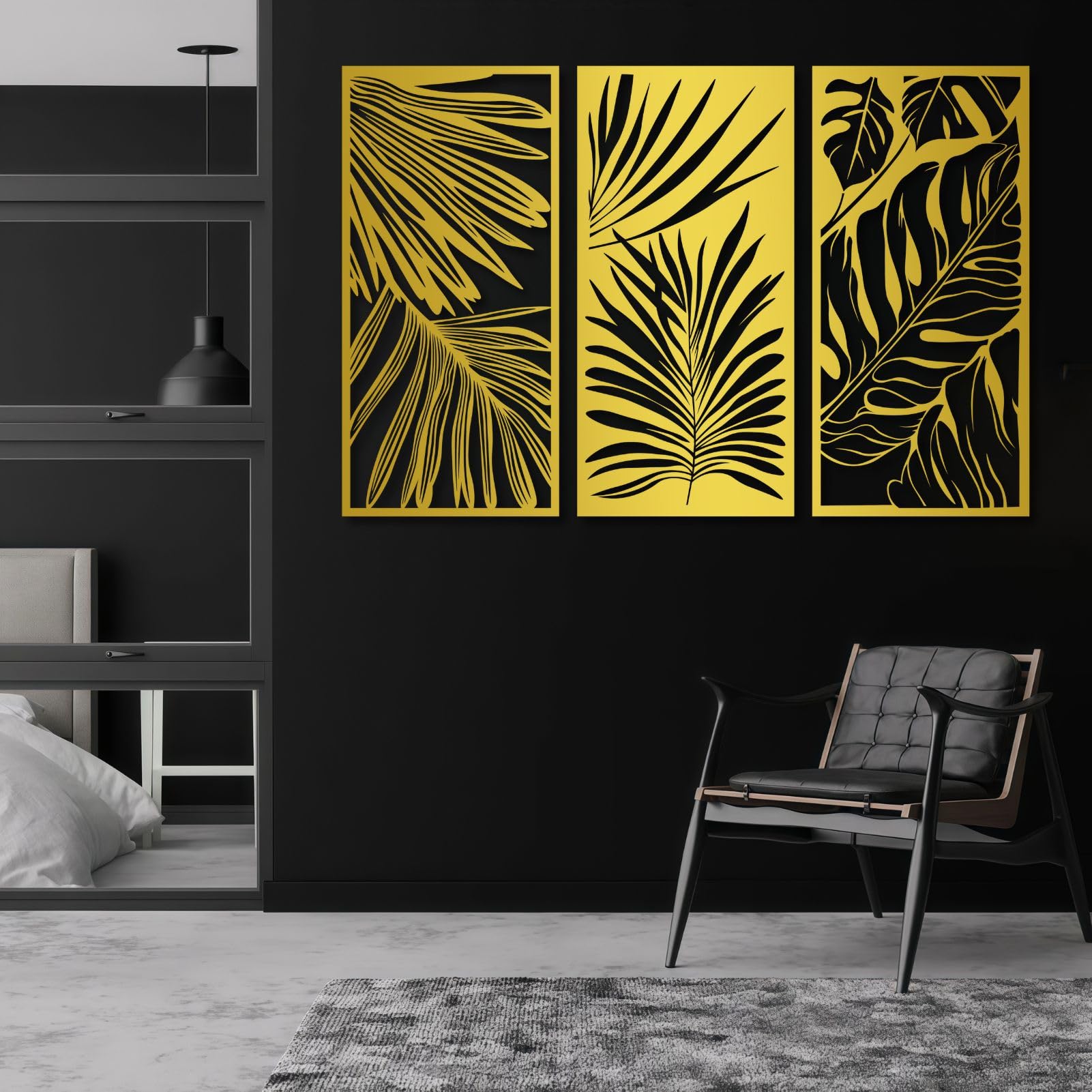 Décoration Murale en métal, Motif Feuilles Tropicales, décor botanique Tropical, Feuilles de Palmier pour Salon (doré, 150 x 72 cm x 3 pièces)