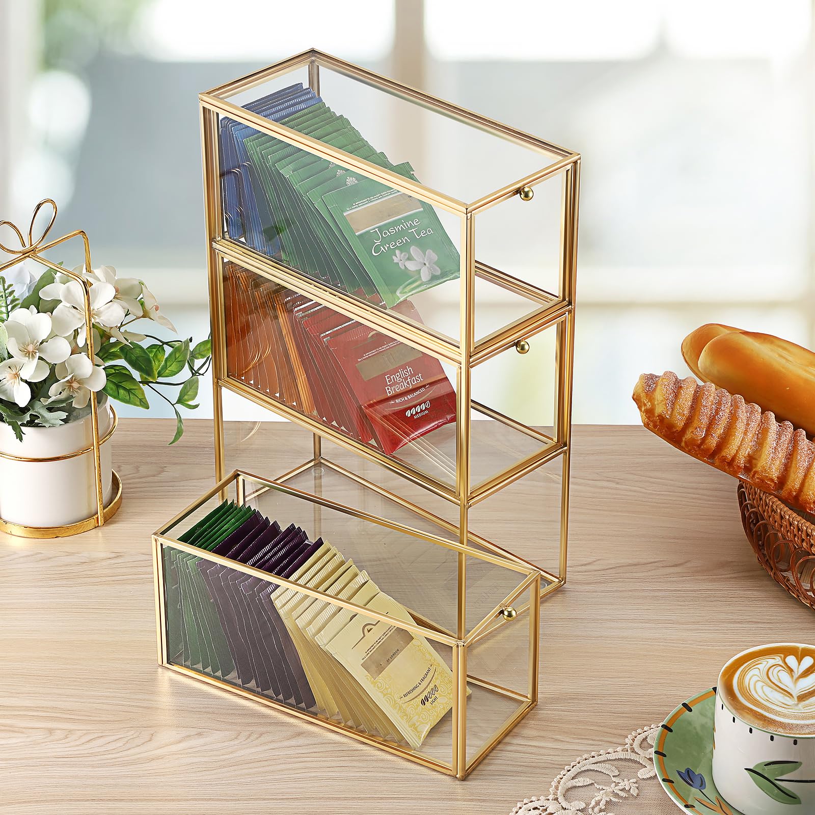 SUMTree Organisateur de sachets de thé en verre avec 3 tiroirs dorés - Boîte de rangement polyvalente vintage pour cuisine, bureau, thé, expresso, sucre, capsules de café