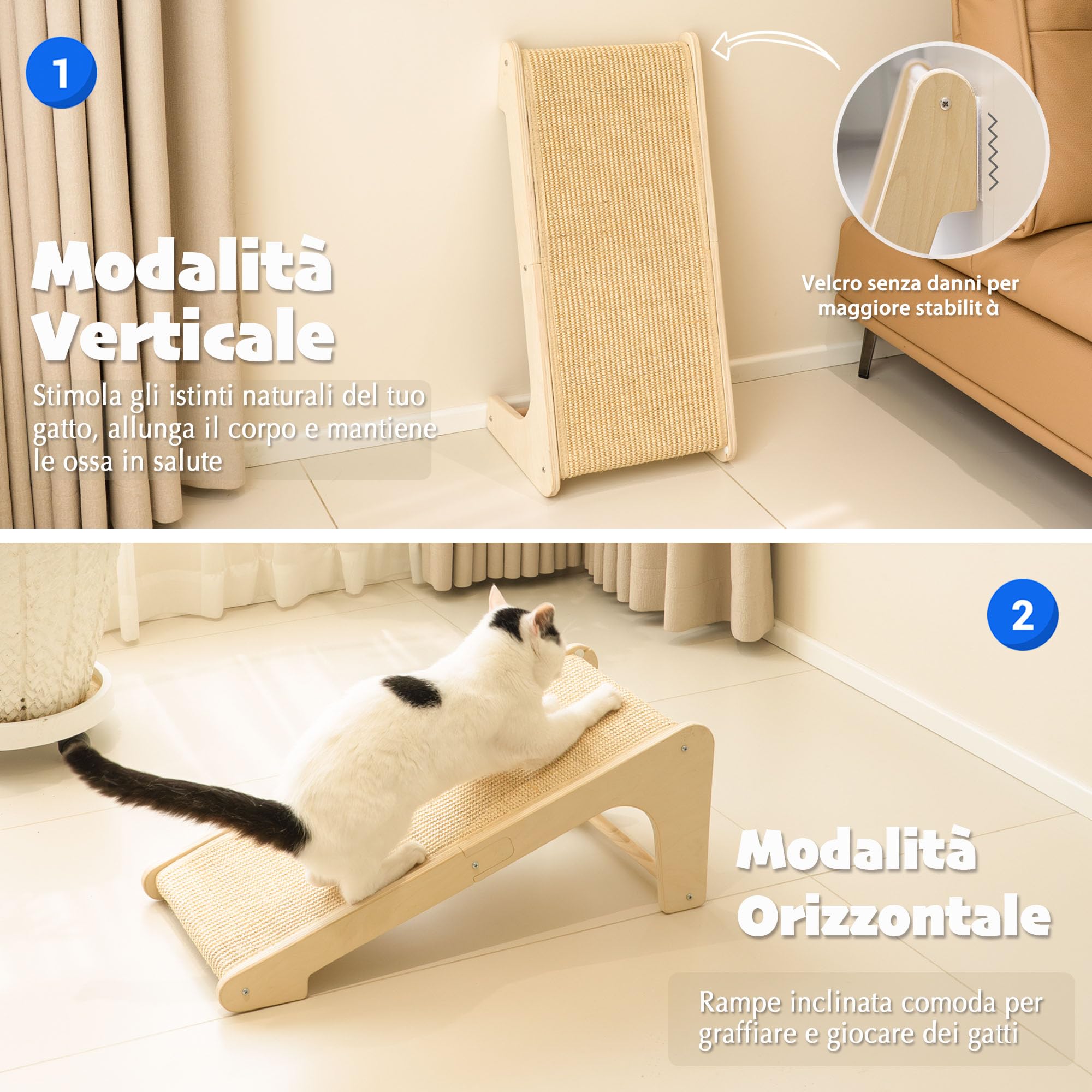 PETKARAY Tiragraffi per Gatti a Forma di L, 64 cm, Palo da Grattare in Sisal Naturale, Montaggio a Muro o a Terra, Protezione dei Mobili con Erba Gatta, Design Classico
