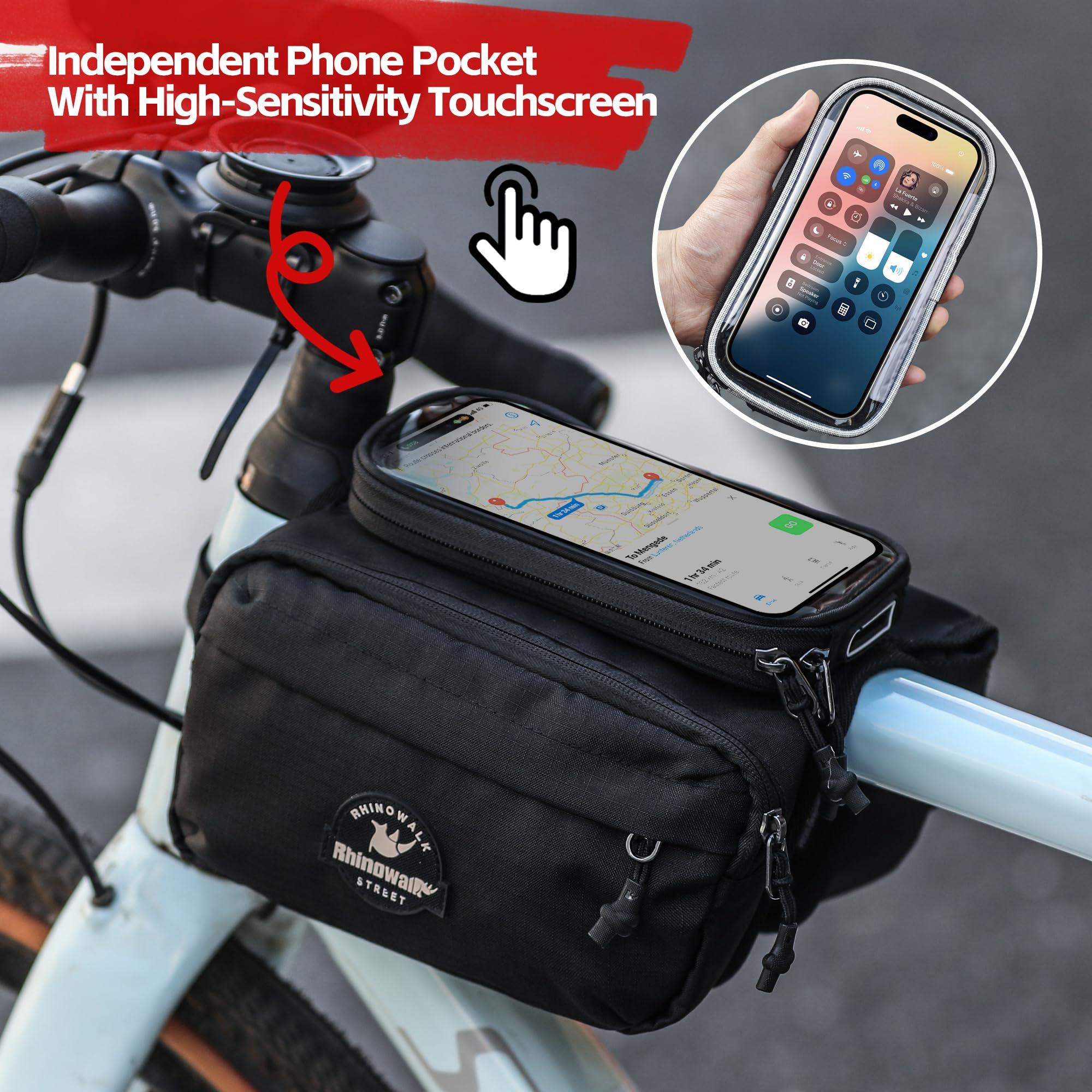 Rhinowalk Fahrrad Rahmentasche mit Handyhalter – wasserdichte Oberrohrtasche mit Regenschutz, Doppelseitige Aufbewahrung mit Reißverschluss & Magnetverschluss, Touchscreen Handyhülle (Schwarz)