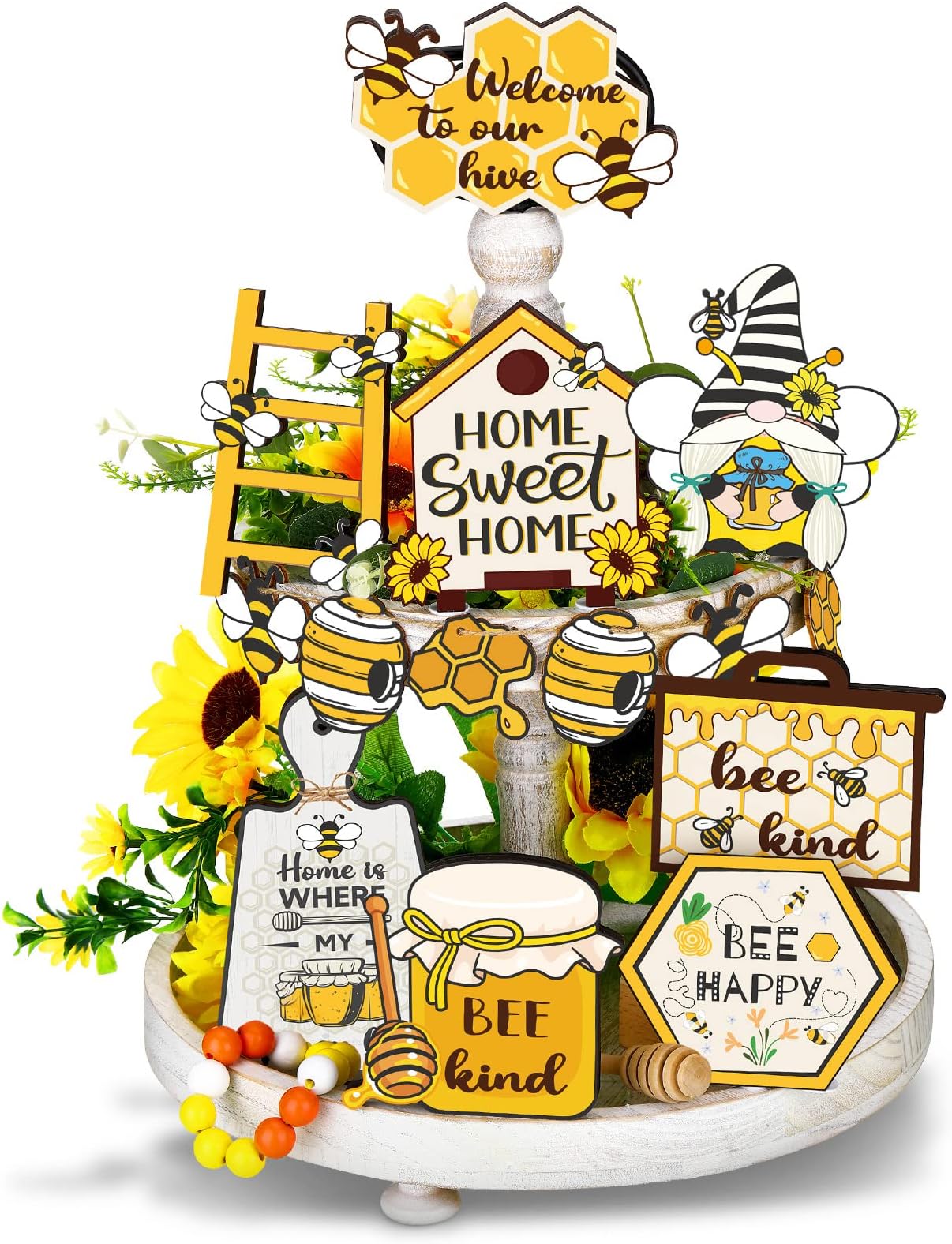 20 Pcs Summer Honey Bee Tiered Tray Decor Set Bee Wooden