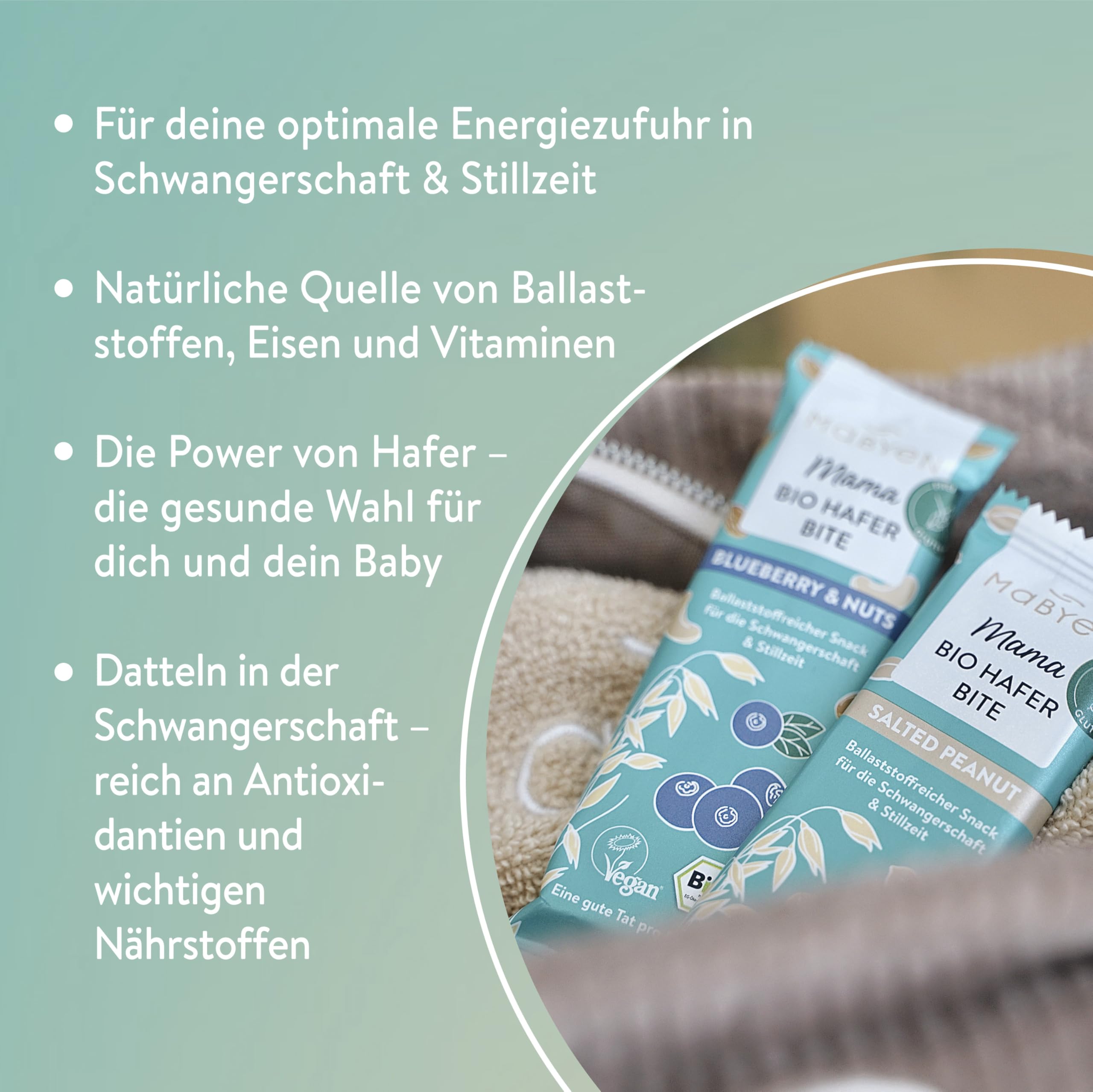 MABYEN Mama Bio Hafer Bites – Vegane Riegel ohne Zuckerzusatz, Glutenfreie Süßigkeiten mit Datteln & Nüssen, Zwei Sorten (Salted Peanut & Blueberry Nuts), für Bewusste Pausen, 20 Stück