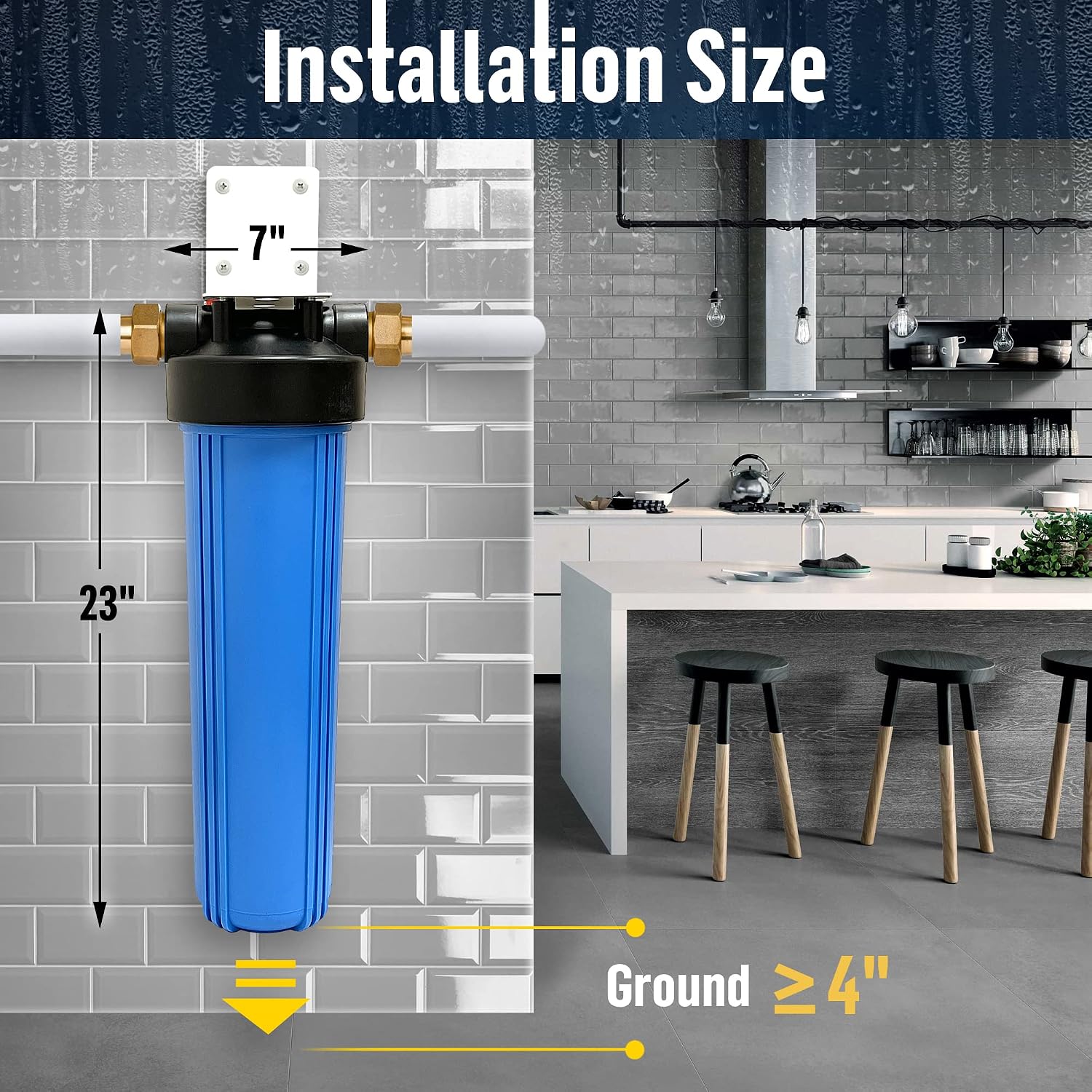 High Capacity 20 x 4.5” Whole House Filter Purifier System for Well or City Water, Presser Relief Button, 1” NPT Brass Port, Double O-Ring, Meets NSF Standards & Regulations (Blue, 1 Set)
