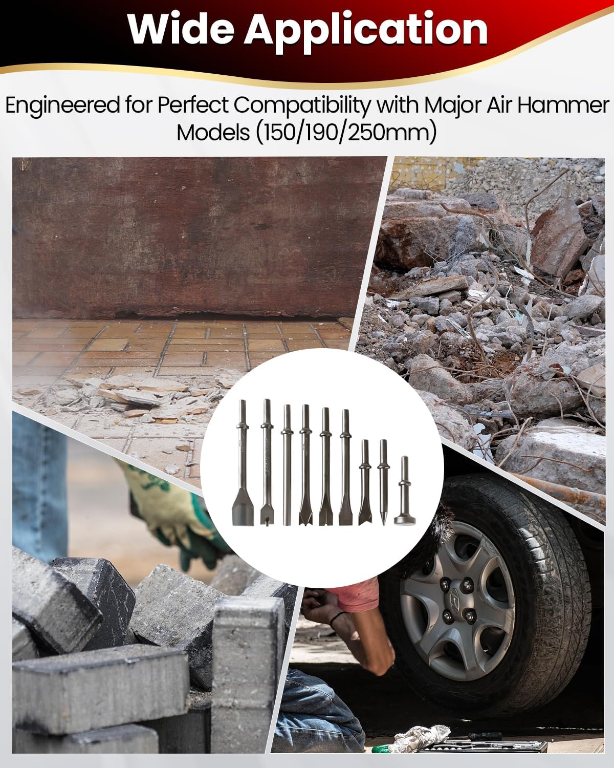 Air Hammer Bits Set, 9-Piece Air Chisel Bits 0.401 Shank | 0.401"shank fits 150mm 190mm 250mm air hammers gas shovels, heat treated carbon steel, for masonry tile concrete rust removal