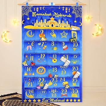 30-Pocket Ramadan Advent Calendar, 97x62cm Reusable Oxford Fabric Hanging Wall Calendar with 10x10cm Pockets, Ramadan Mubarak Decor for Home, Eid Countdown Calendar for Kids AdultsBlue Gold