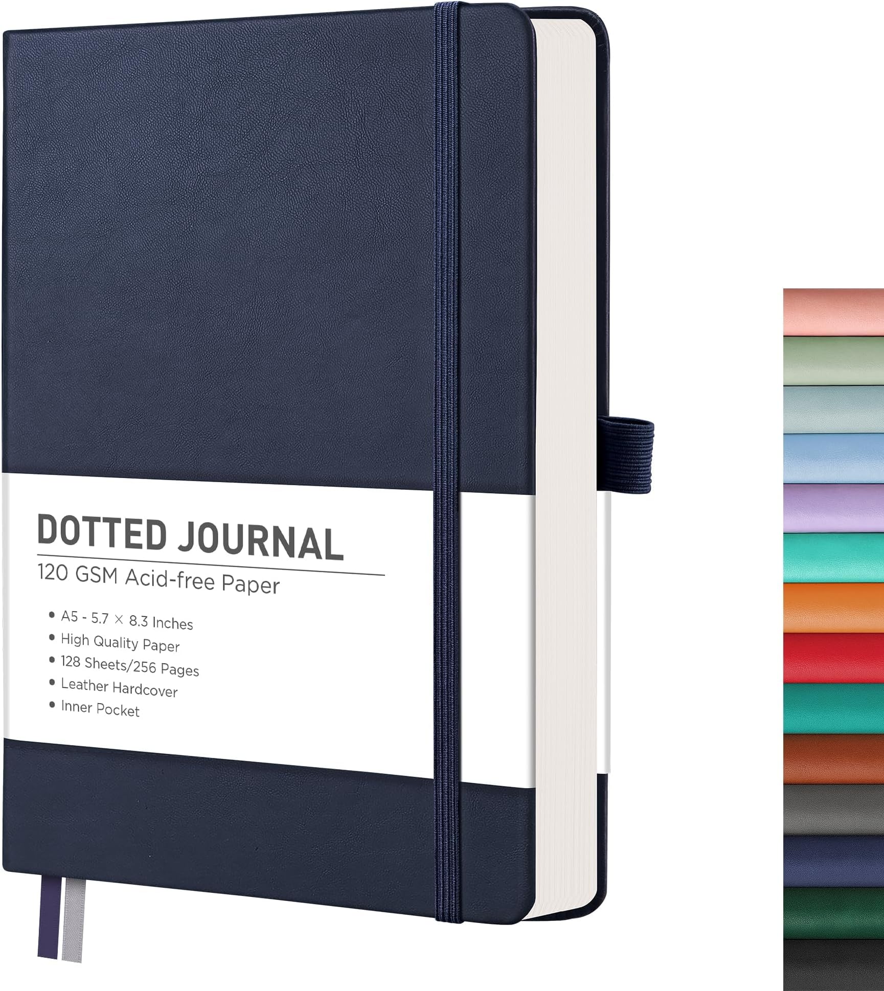 RETTACY Dotted Journal Notebook, 256 Pages, A5 Medium Size (5.7'' × 8.3''), Leather Hardcover, 120 GSM Thick Paper, for Journaling, Planning, Tracking (Navy Blue)