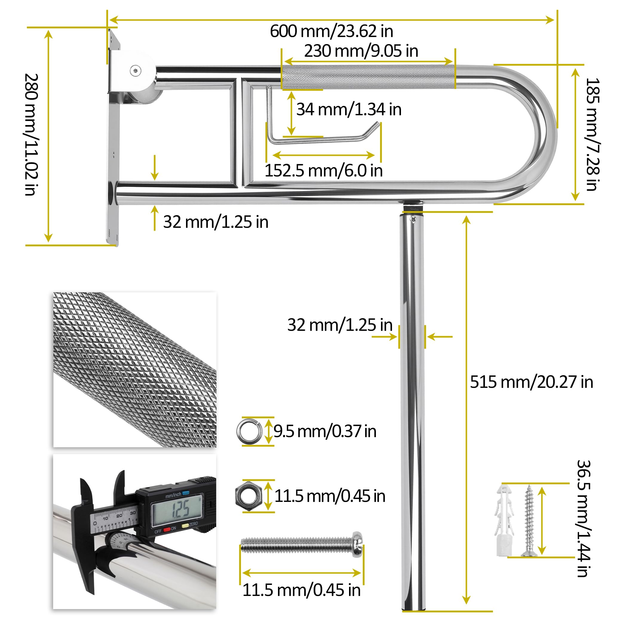 Barra de agarre para discapacitados, 23.6 pulgadas de acero inoxidable de 1.25 pulgadas de diámetro, rieles de seguridad para inodoro para baño con soporte de papel, riel de soporte