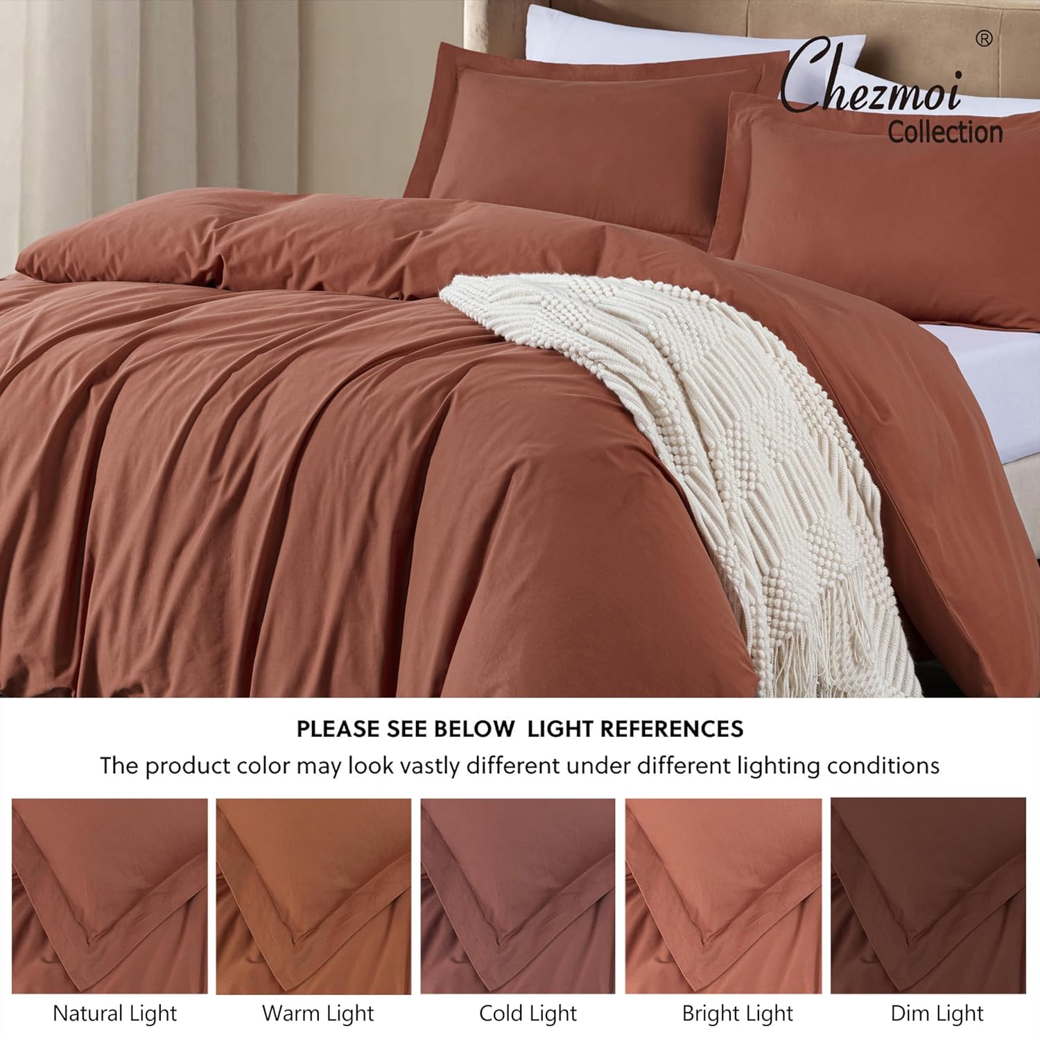 Chezmoi Collection Solid Terracotta 100% Cotton Duvet Cover Set King Size, 3-Piece Luxury Soft Breathable Smooth Cooling 250TC Cotton Twill Comforter Cover with Button Closure