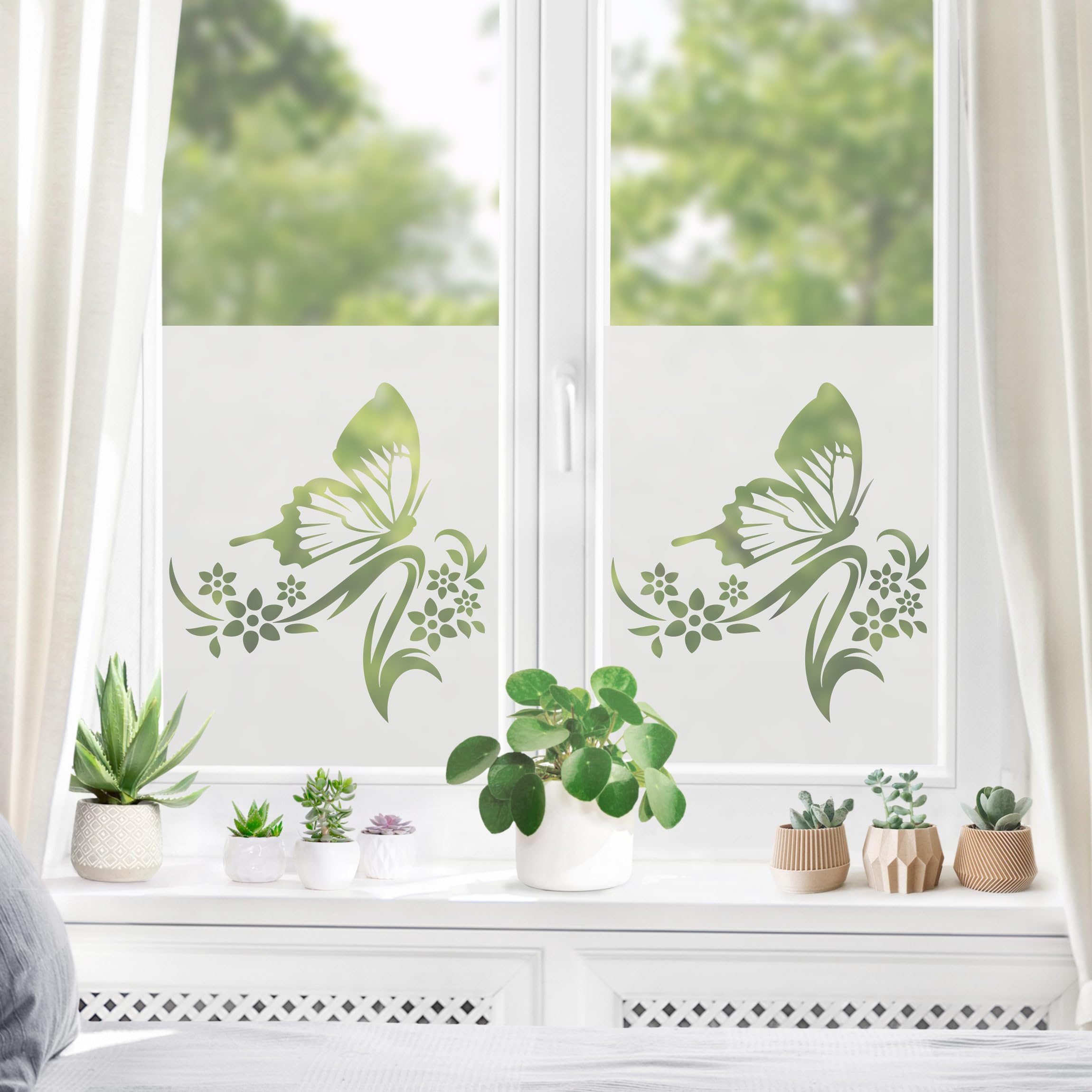 Fensterfolie statisch haftend Blumen Sichtschutz Milchglas - Made in Germany - Schmetterlinge Modern Blickdicht Scheibe Innen Schlafzimmer Wohnzimmer Küche Glas 1673 (60x60cm)