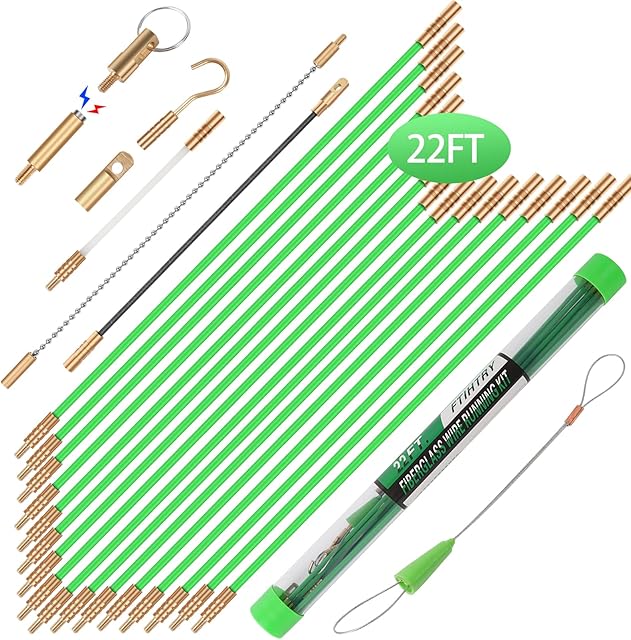 FTIHTRY 22FT Fiberglass Running Electrical Wire Cable Glow Rods Wire Pulling, Fish Rods Electrical Kit with 8 Different Attachments and Fish Tape Wire Puller Kit