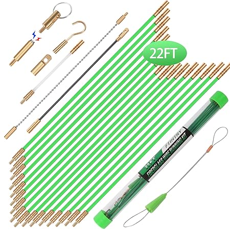 22FT Fiberglass Running Electrical Wire Cable Glow Rods Wire Pulling, Fish Rods Electrical Kit with 8 Different Attachments and Fish Tape Wire Puller Kit