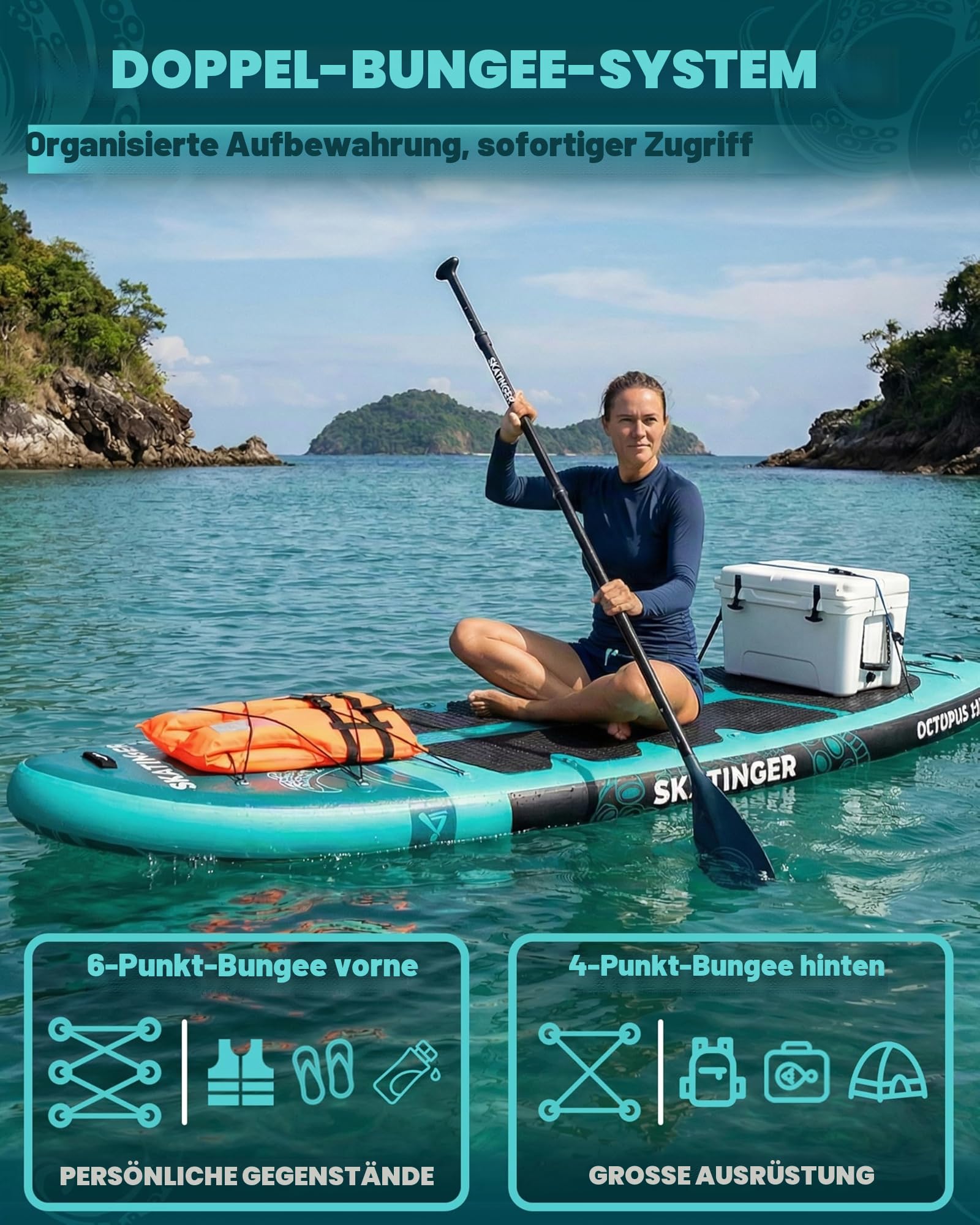 Skatinger 335 x 86,4 cm extra breites aufblasbares Paddelbrett, bis zu 190 kg Stand-Up-Paddle-Boards für Erwachsene, stabiles SUP für 2 Personen/Familie, 3-heiliges Paddel, Schultergurt, US-Finne