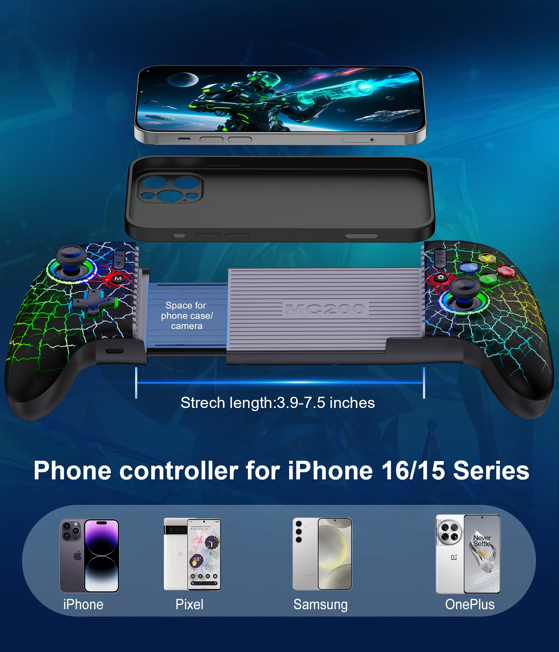 Mobiler Gaming-Controller, Smartphone-Controller für iPhone/Android-Handheld-Gaming mit programmierbaren/Hall-Effekt-Joysticks & analogen Triggern/anpassbarer Beleuchtung/Turbo