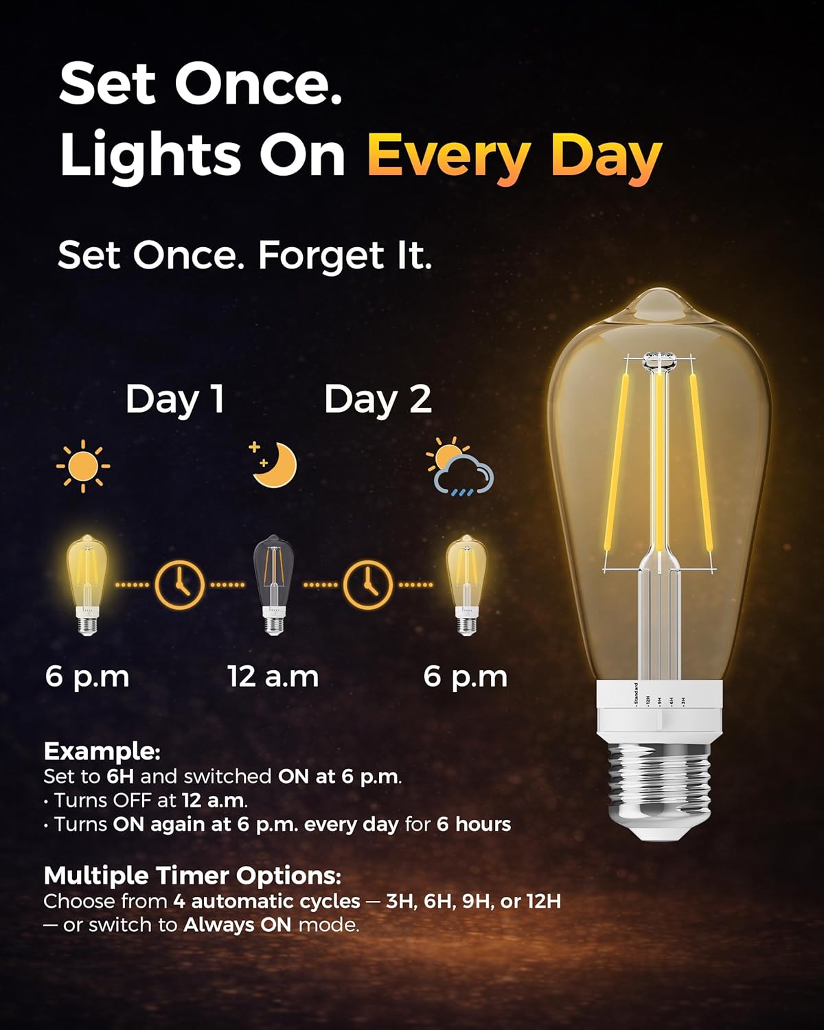 ST19 Timer Light Bulb 4 Pack: Vintage Edison LED Bulbs with Built-in Timer, 3H/6H/9H/12H Auto Modes, Warm White 2700K 600lm, E26 Base, No WiFi, Energy Saving Indoor/Outdoor Porch & Patio Light