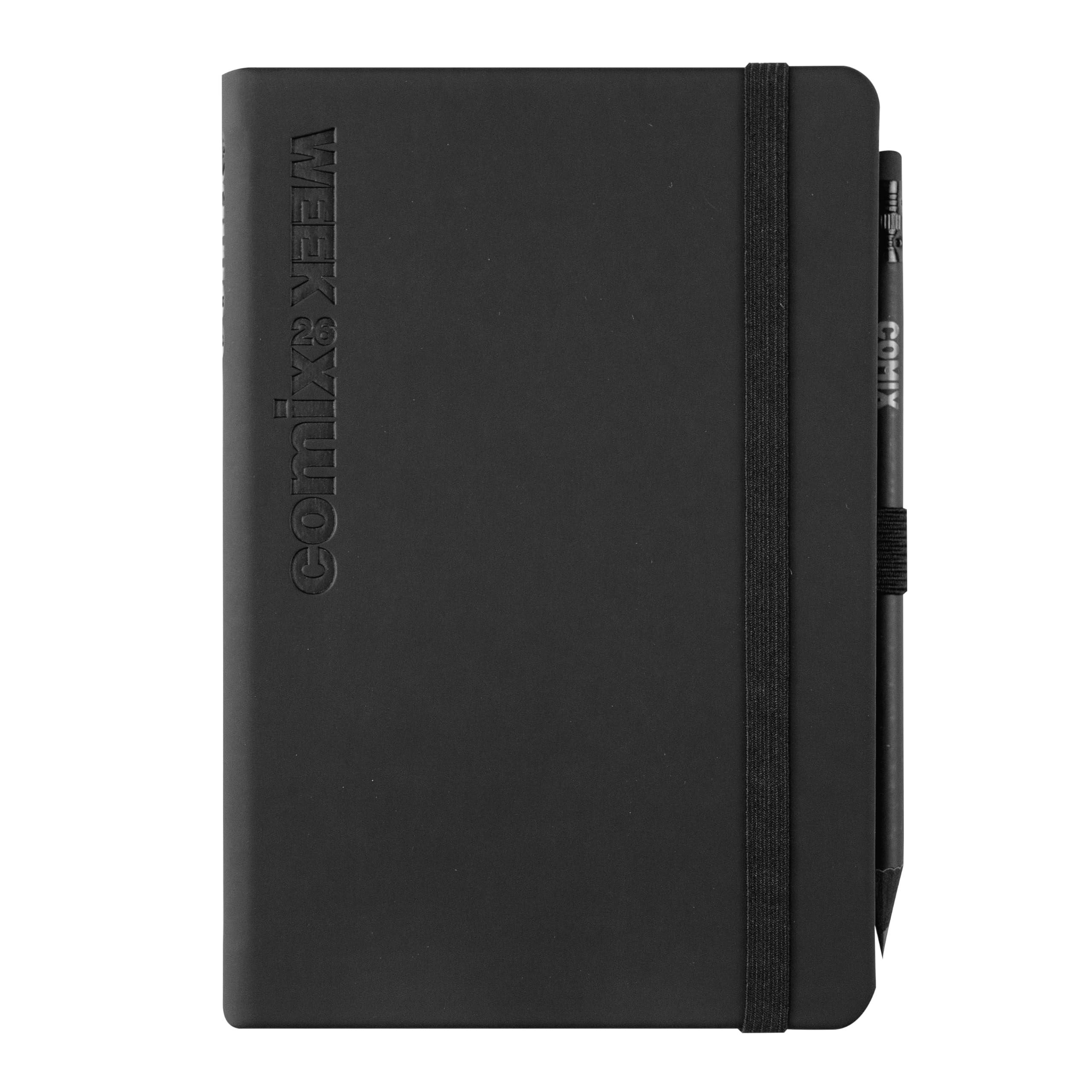 COMIX, Medium 2026 Weekly Planner 12 Months, Elastic Closure, Elastic Loop for Pencil or Pen, with Comix Pencil Included, Double Bookmark, 192 Pages – 10.7 x 15.9 cm, Black