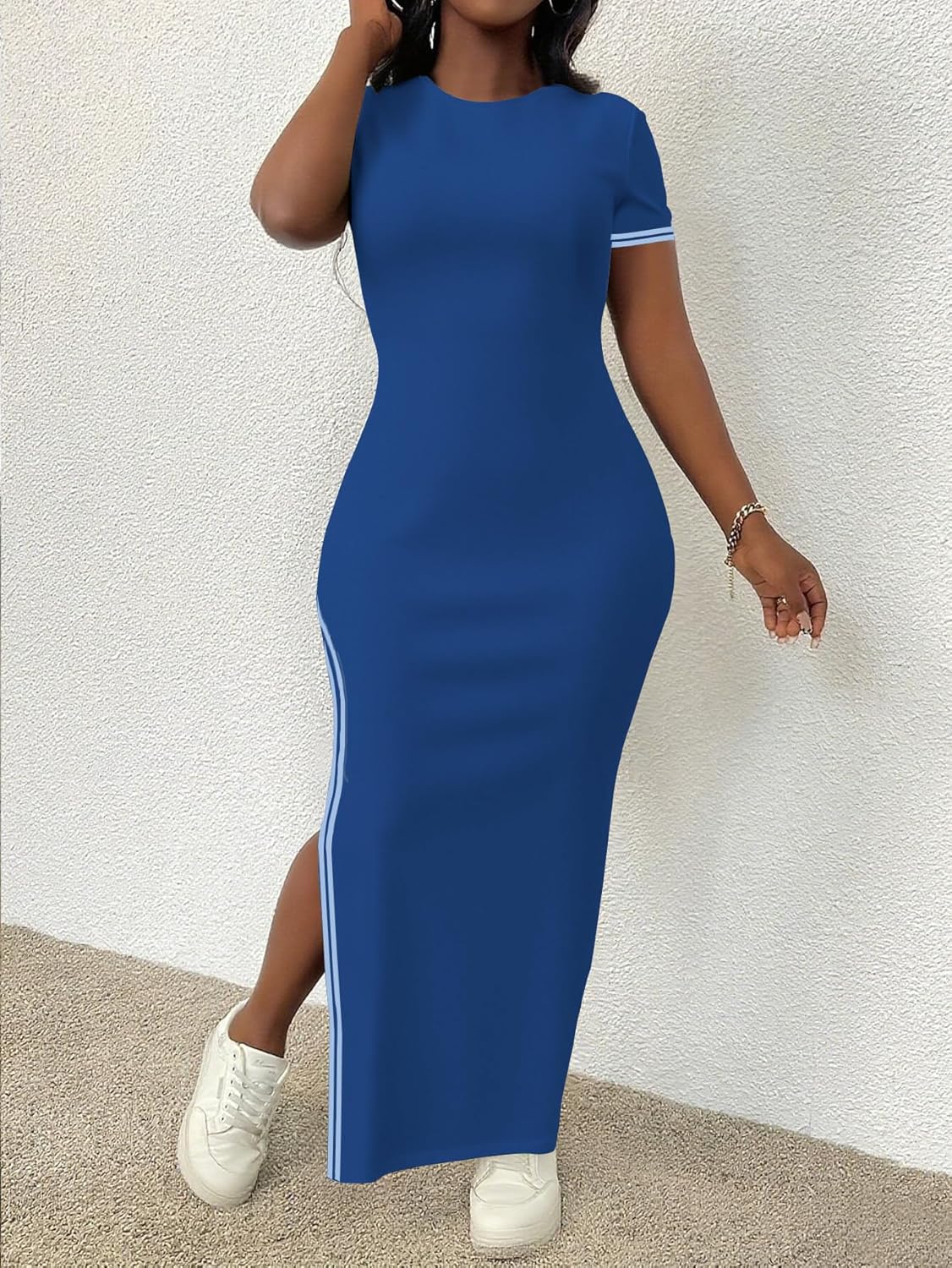 HBQ Women's Bodycon Maxi Dress Short Sleeve Side Slit Casual Dress Sporty Stripe Trim Long Dresses Blue Line XX-Large