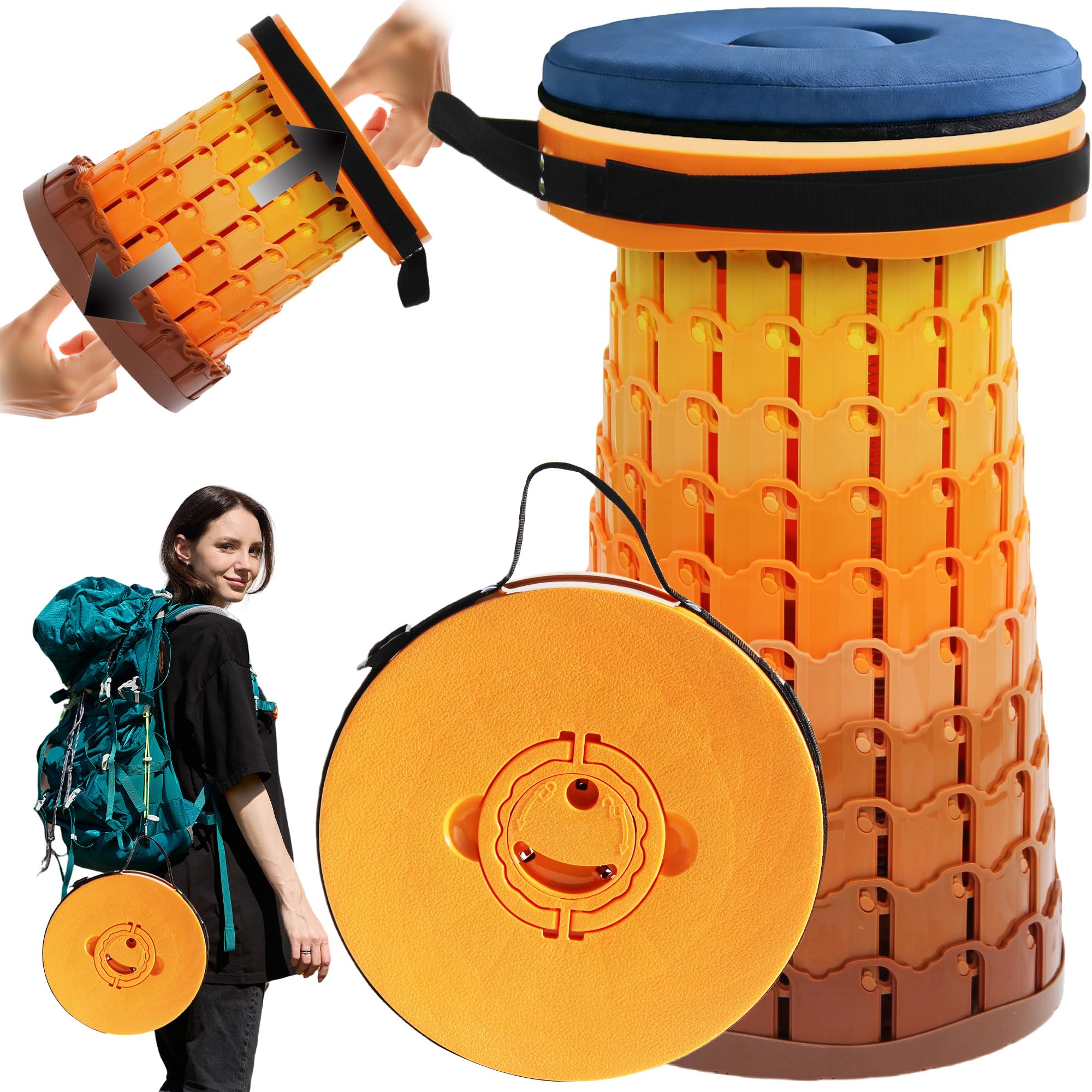 2026 Upgraded XXL Collapsible Stool with Thick Cushion,19.7"H-11.8"D Telescoping Folding Stool for Adults, More Sturdy Camping Stools with Load Capacity 1000lbs for Outdoor,Garden,Fishing,Hiking