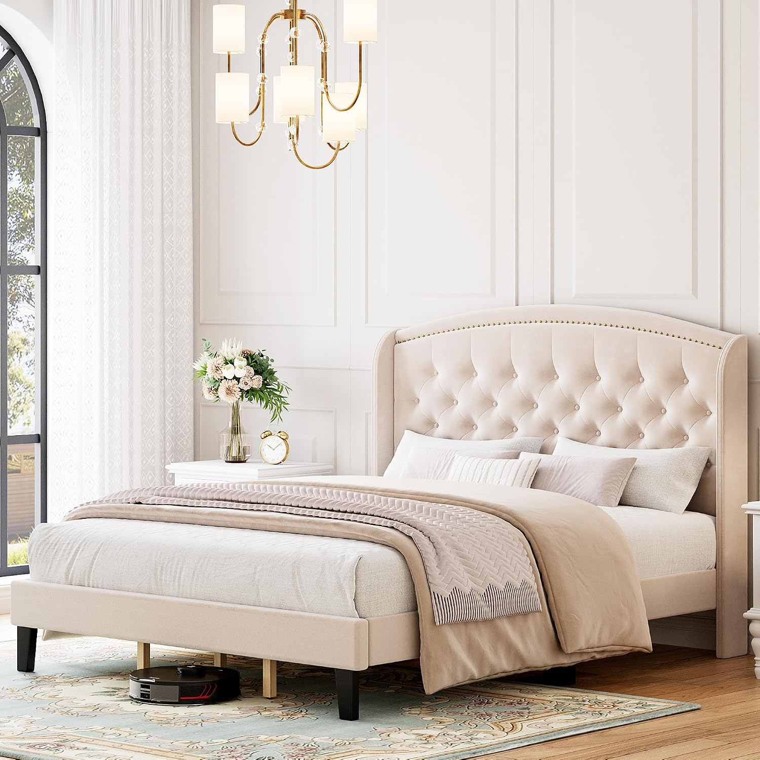 IDEALHOUSE King Size Bed Frame, Velvet Upholstered Platform Bed Frame with Wingback Headboard, Button Tufted Design & Wood Slats Support, Easy Assembly, No Box Spring Needed, Beige