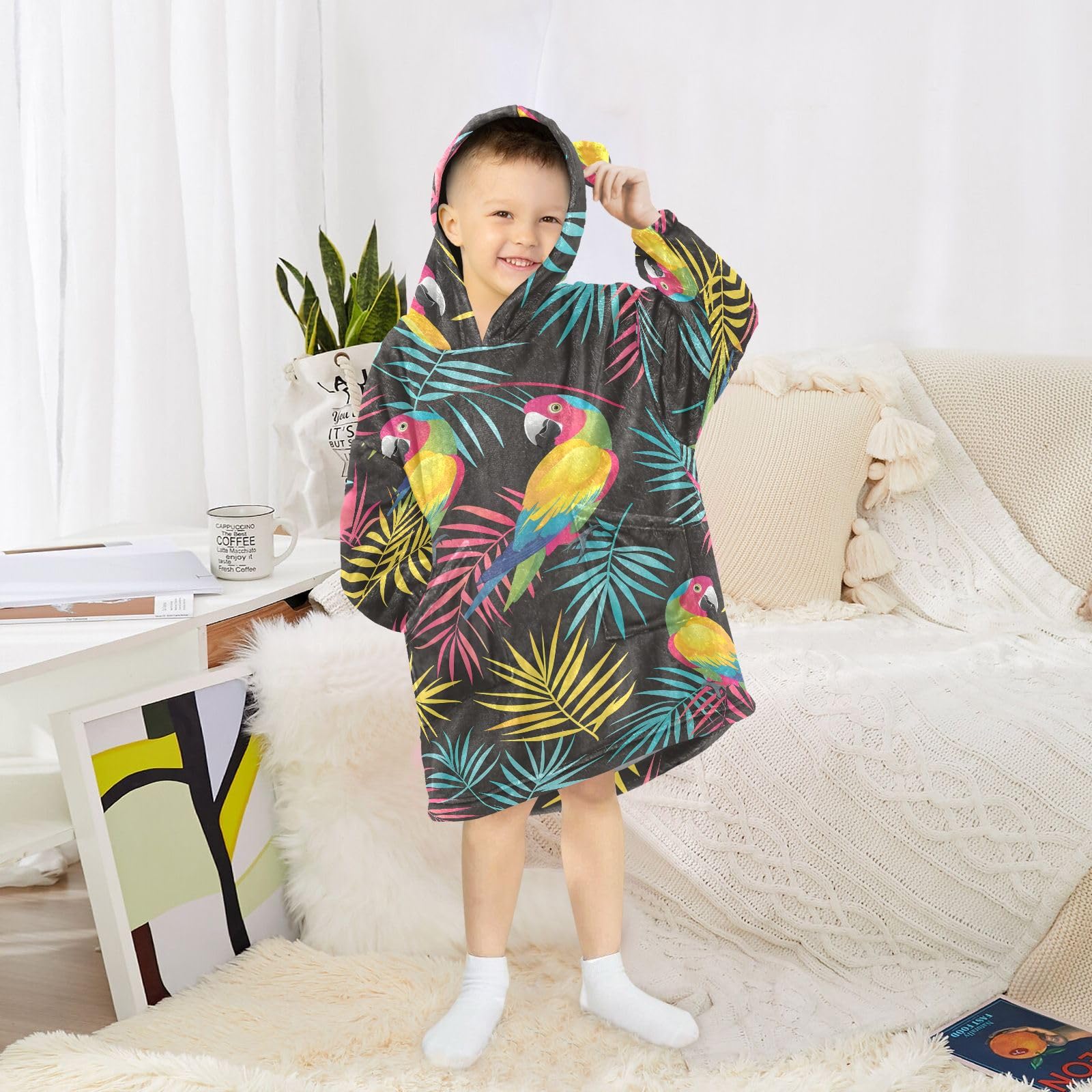 Kinder-Bademantel mit Kapuze und Papageienvögeln, weicher Flanell-Bademantel mit Ohren und Taschen, warme Nachtwäsche für Kleinkinder, Jungen, Mädchen