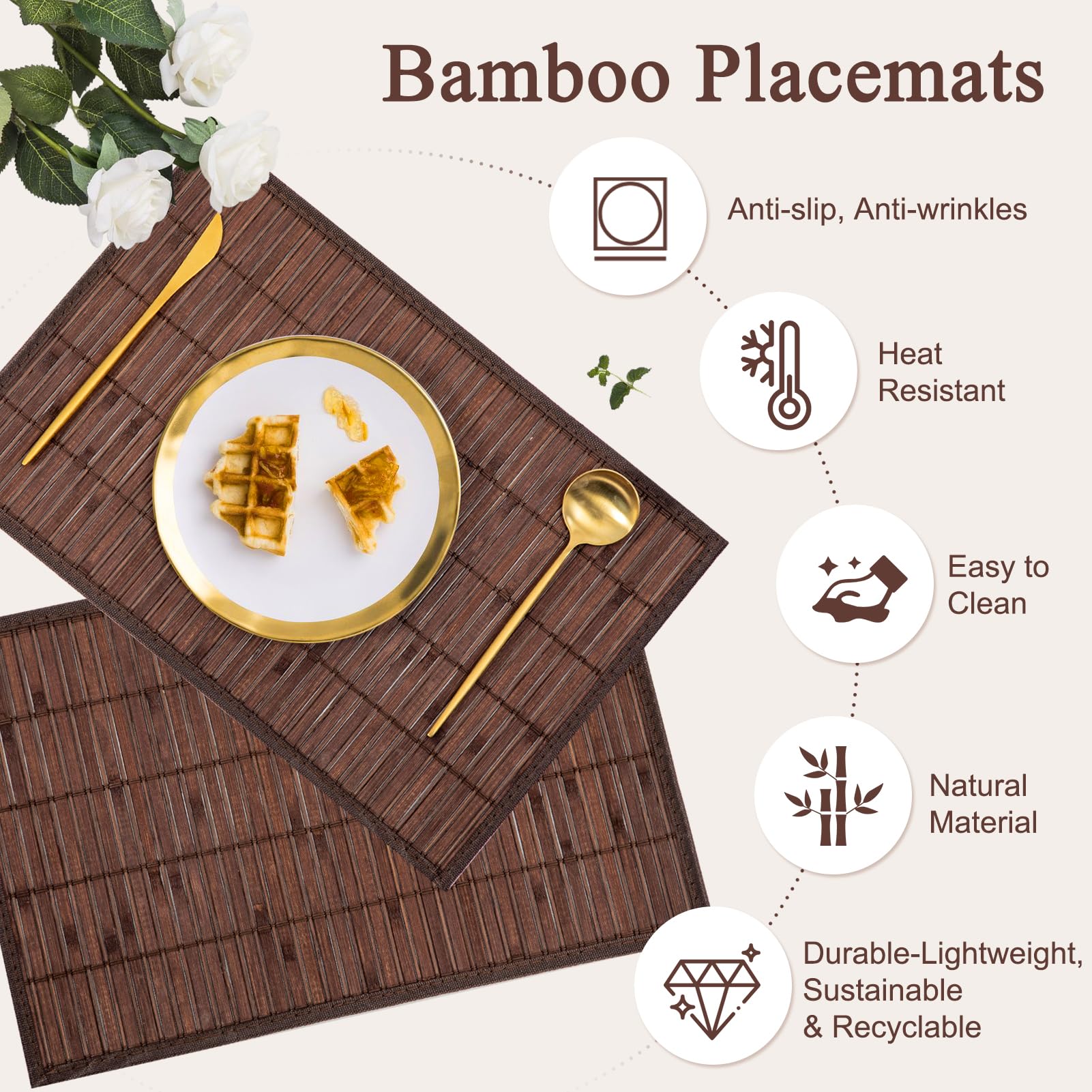 Manteles individuales lavables de bambú, antideslizantes, antimanchas, aislantes del calor, resistentes a la corrosión, juego de 8 manteles individuales para la mesa de cocina (marrón oscuro)