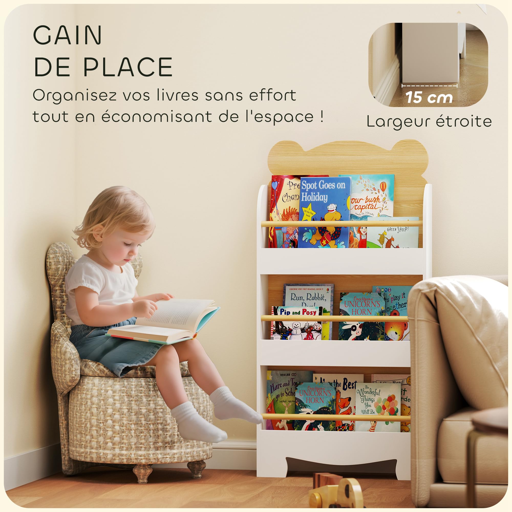 AIYAPLAY Libreria per bambini, libreria per bambini, 3 livelli, mobile portaoggetti a forma di orso, mensola per cameretta dei bambini, per sala giochi, cameretta dei bambini, legno naturale