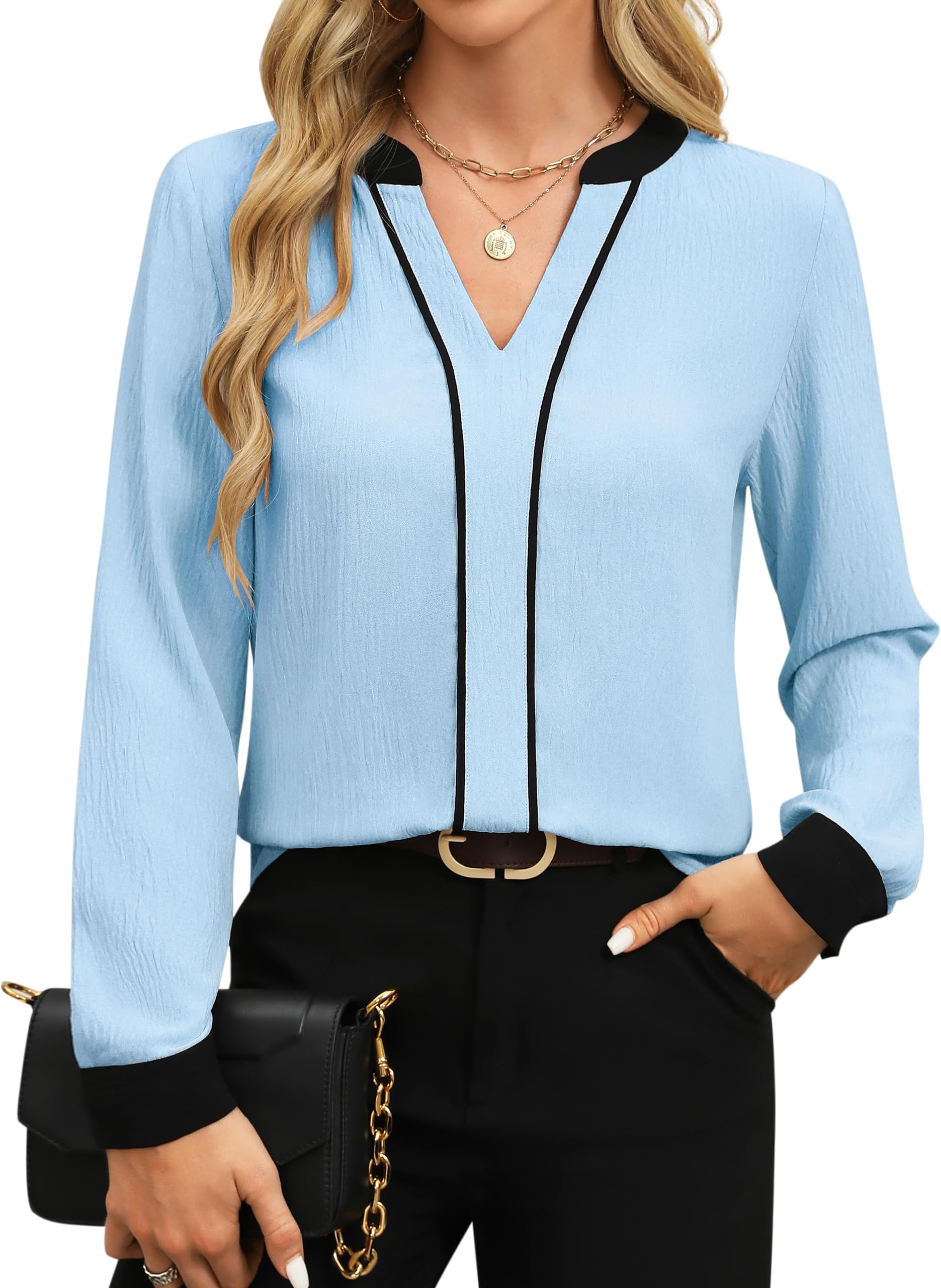 Fayenne Womens Tops Dressy Casual V Neck Color Block Business Casual Blouses Long Sleeve Work Shirts Fall Trendy Clothes
