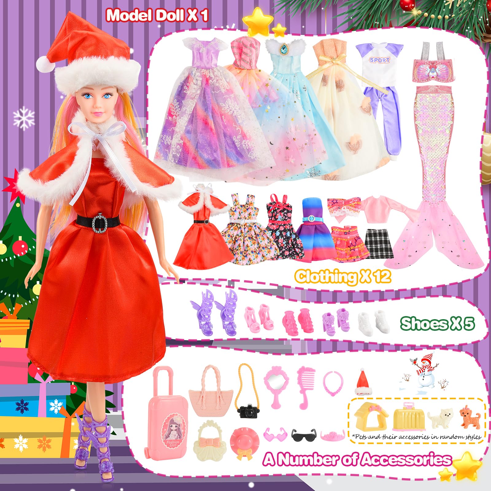 HappyGoLucky Calendario Avvento 2025, 24 Sorprese, con Bambole, Vestiti e Accessori - Giochi & Regalo Bambina 3 4 5 6 7 8 9 10 Anni Femmina- Regali Natale Bambini in Confezione