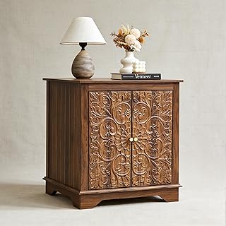 Farmhouse End Table with Carved Floral Door, 24" Wide Nightstand with Adjustable Shelf, Wooden Square Sofa Side Table Storage Table for Living Room Bedroom (Walnut)