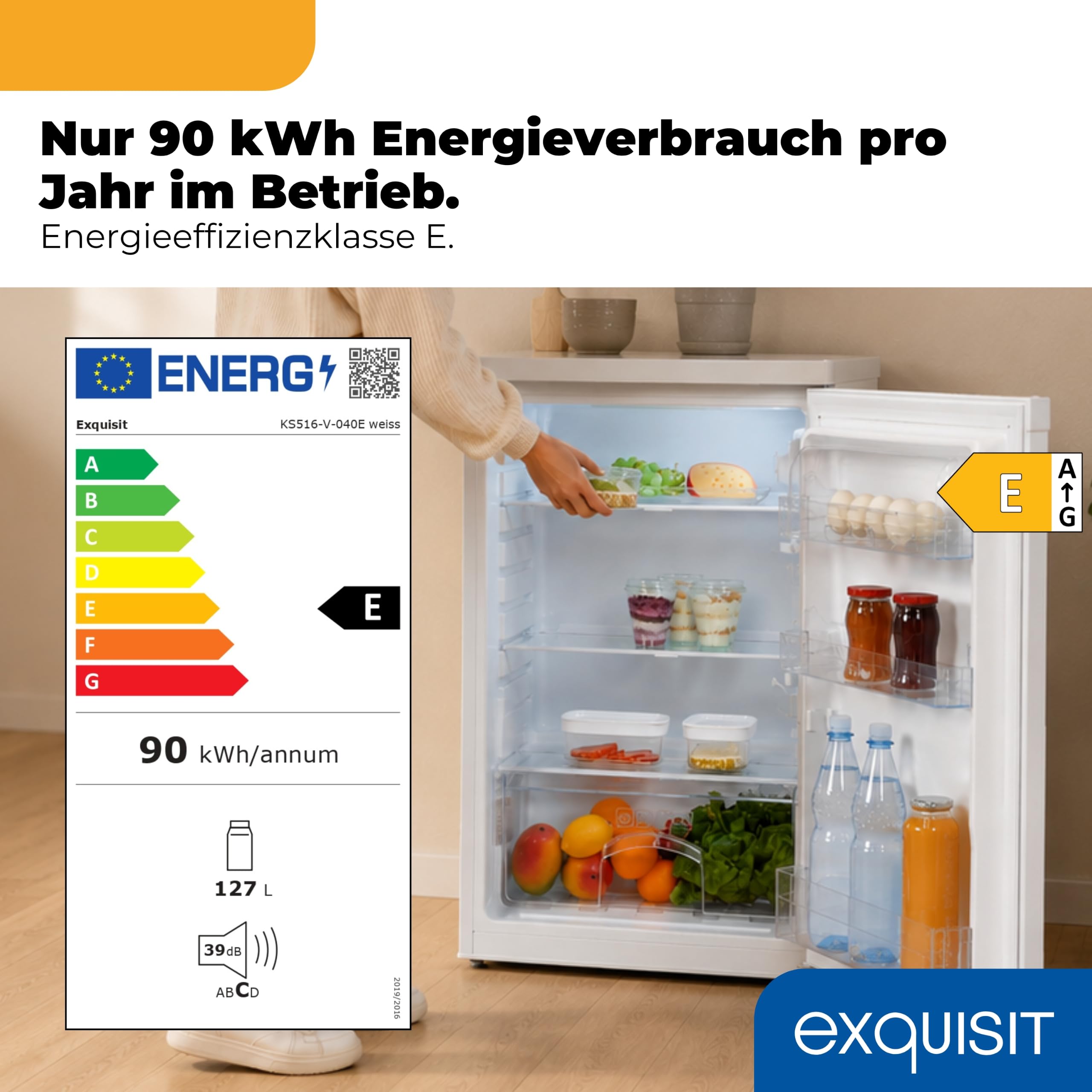 Exquisit Vollraumkühlschrank KS516-V-040E 127 l Energieklasse E 39 dB(A) LED-Innenbeleuchtung weiss
