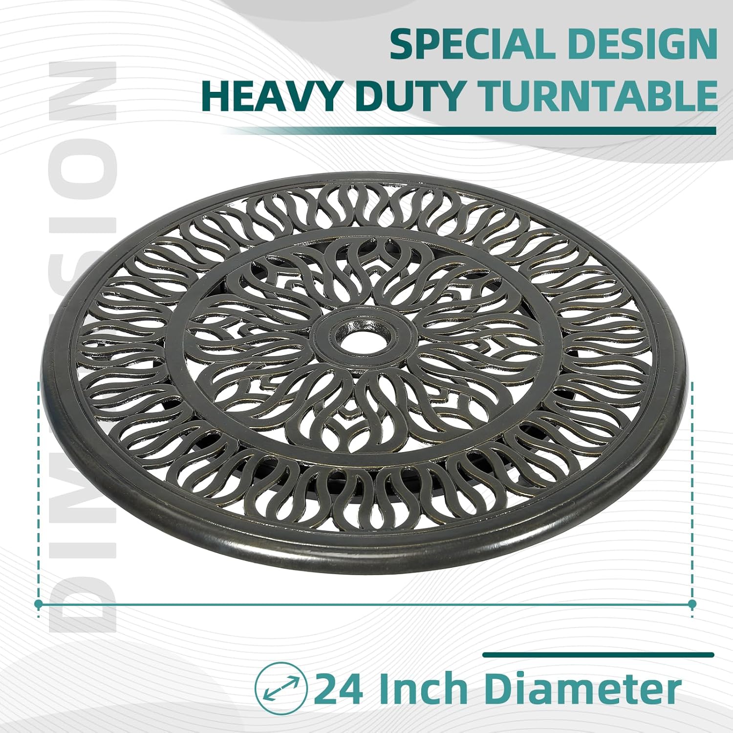 MEETWARM Outdoor 24" Lazy Susan Turntable for Table, All Weather Cast Aluminum Round Serving Plate Tabletop Rotating Tray with 1.7" Umbrella Hole, Silent & Smooth Spin, Dark Bronze
