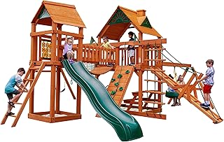 Gorilla Playsets 01-0006-AP Pioneer Peak Wood Swing Set with Wood Roof, Tire Swing, Clatter Bridge and Tower, Ramp, Slide, Two Swings, Amber
