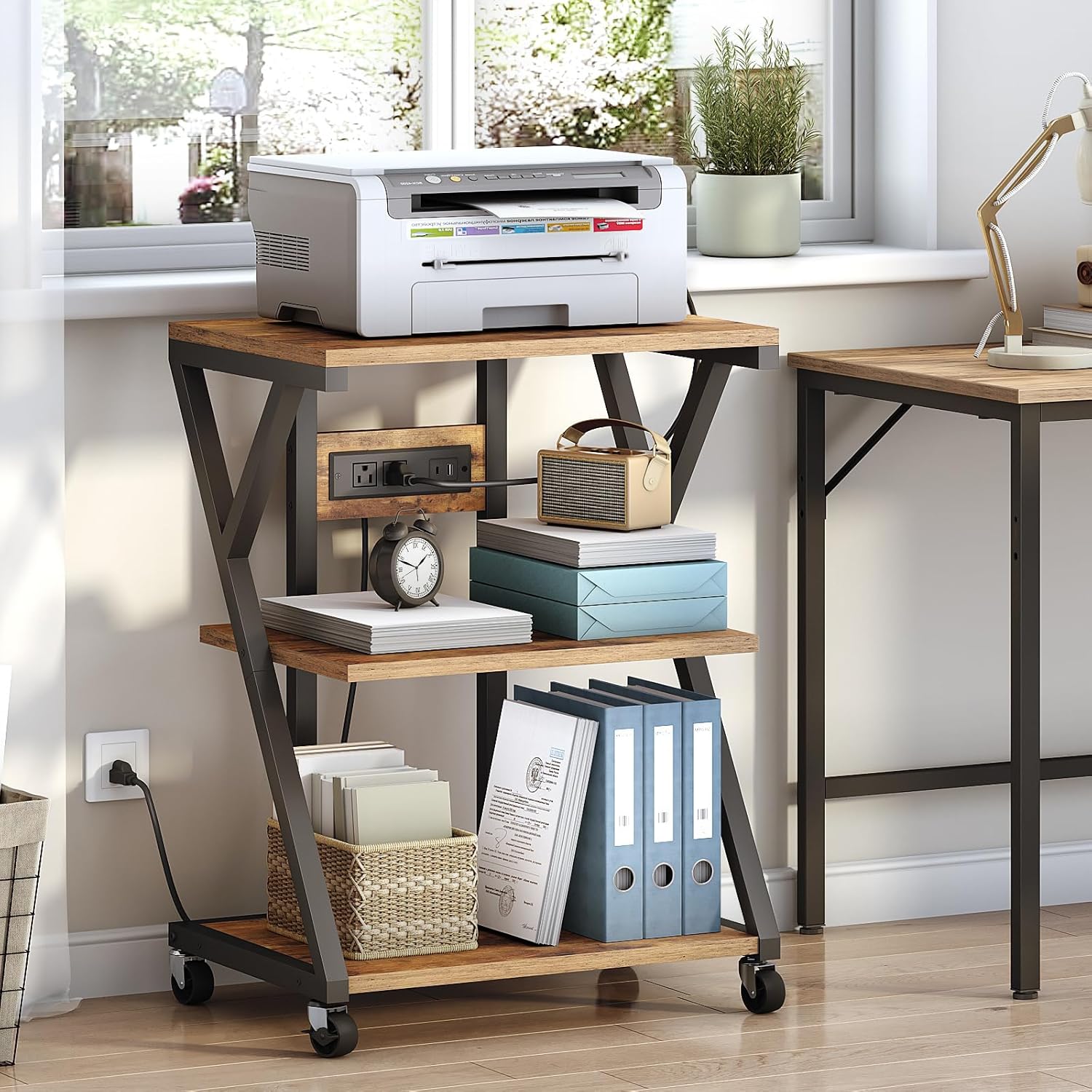 HOOBRO 3-Tier Printer Stand, Mobile Printer Table, Rolling Cart with Charging Station, Home Printer Stand, for Living Room, Kitchen, Office, Rustic Brown and Black BF33UPS01