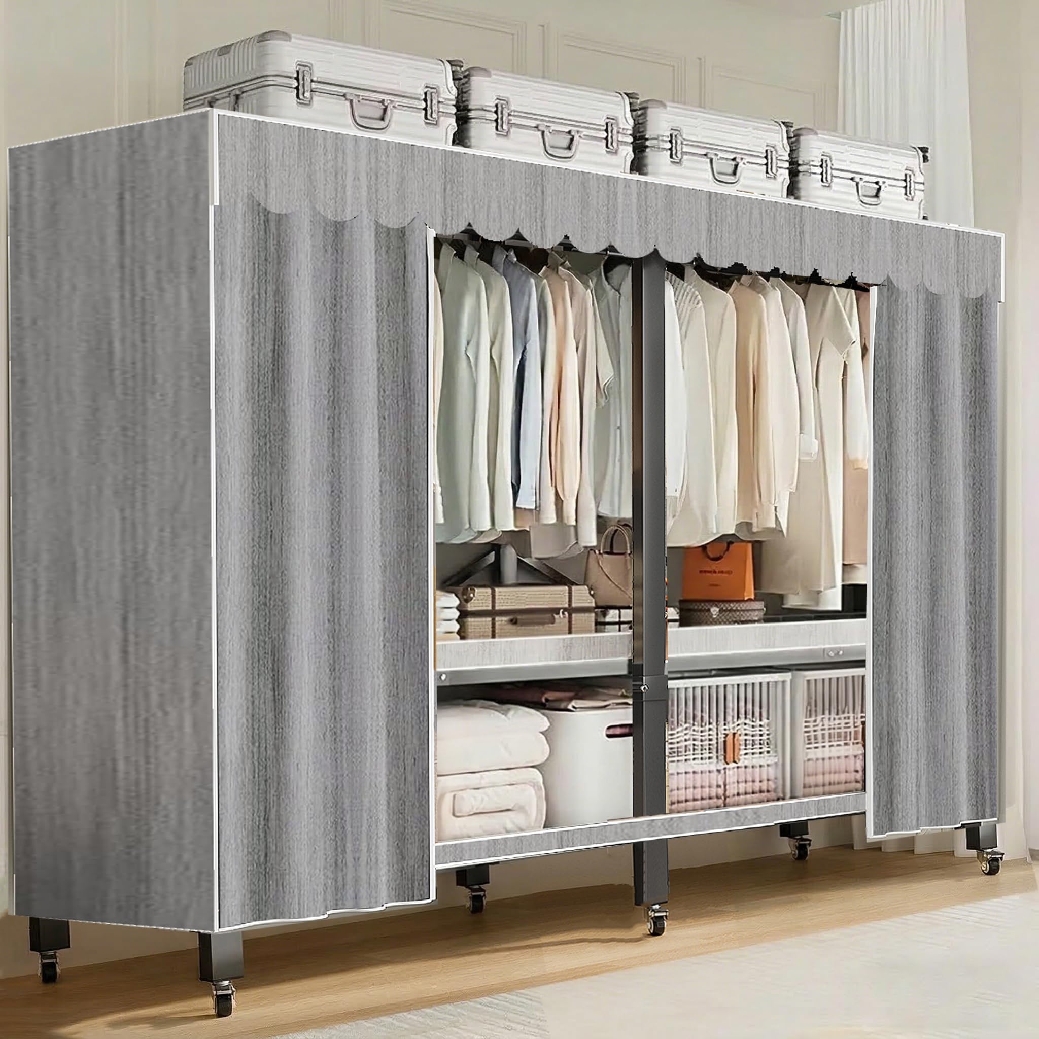 Heavy Duty Portable Closet with Cover Foldable Covered Clothes Rack for Hanging Clothes Armoire Wardrobe Closet System Freestanding Coat Storage Garment Racks (light gray（49.3in）)