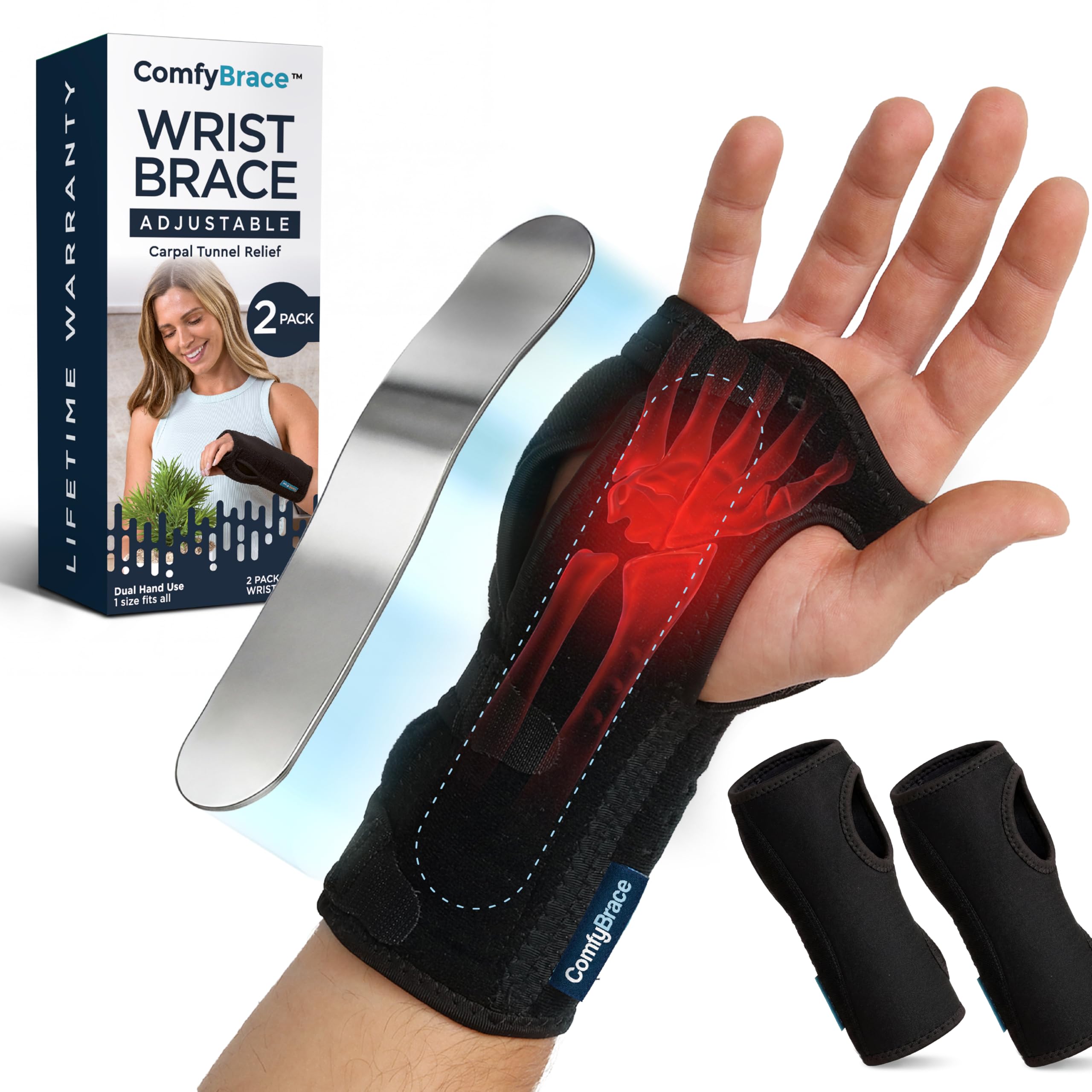 ComfyBrace Nighttime Pain Relief Wrist Brace for Carpal Tunnel, Tendonitis, Arthritis | Fits & Soothes Aches in Both Hands | Palm Cushion Beads for Hot Spots | Breathable Fabric | (Pack of 2)