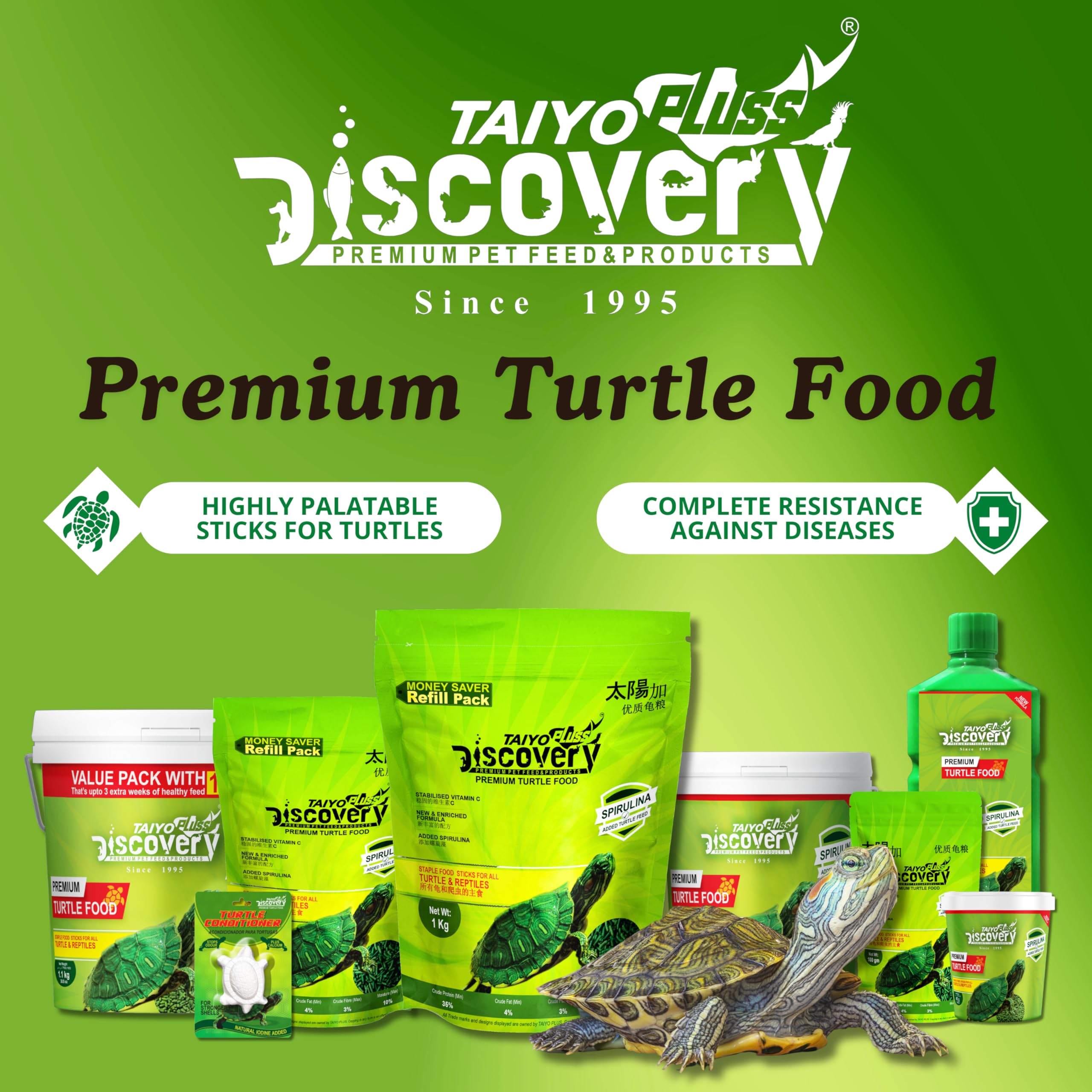 Taiyo Pluss Discovery Turtle Food - 1 kg Refill Pouch + 100 g Pouch Free (Improved Formula) | Complete Daily Nutrition Sticks with Spirulina & Vitamin C | Supports Shell Strength & Growth