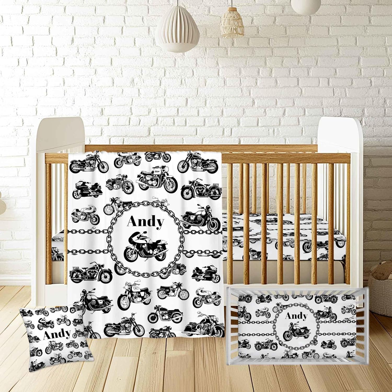 Personalized Motorcycle Baby Crib Bedding Set for Boys – Custom Name 3-Piece Nursery Bedding with Blanket, Fitted Crib Sheet & Pillowcase – Soft Infant Toddler Newborn Gift