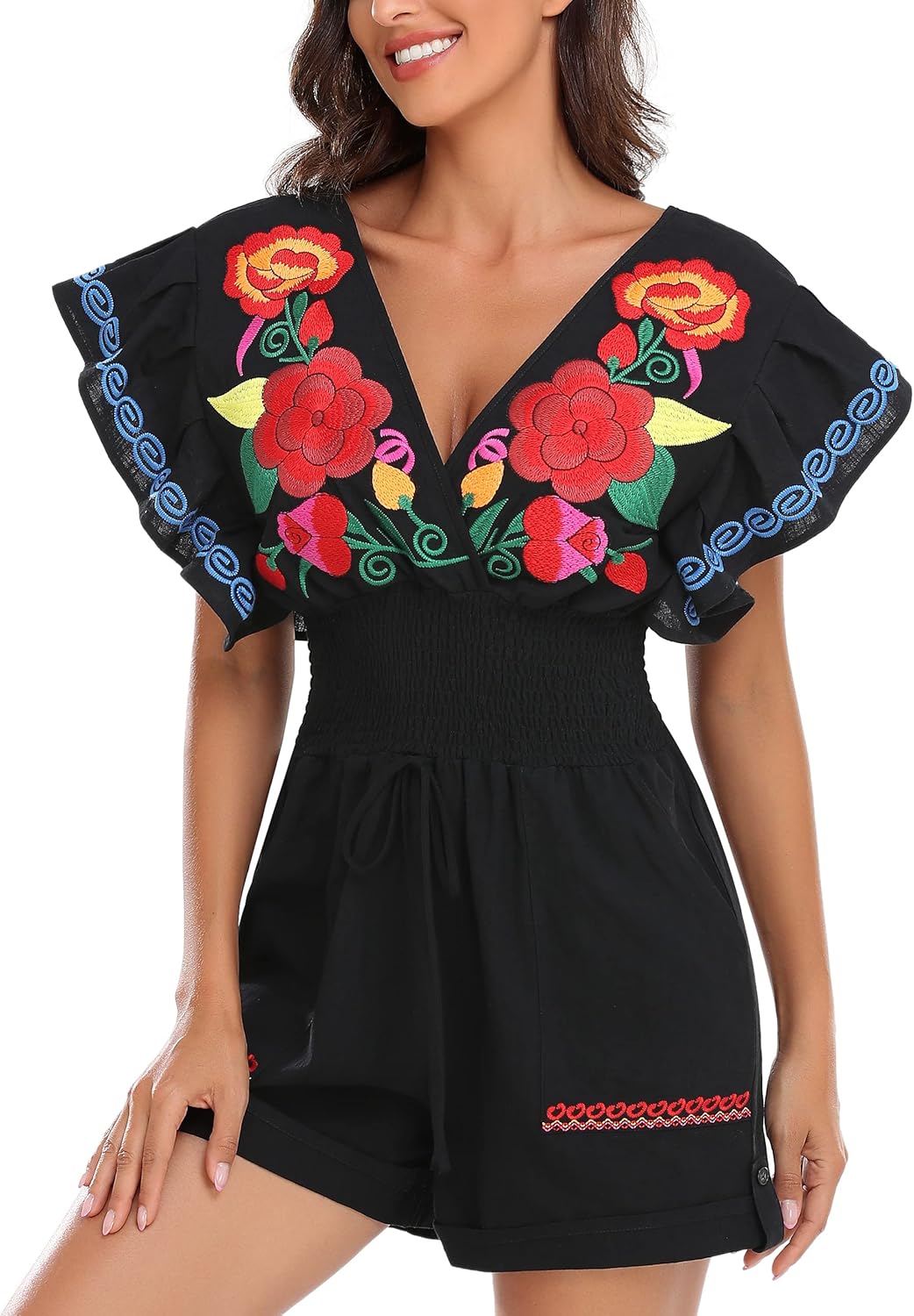YZXDORWJ Women's Mexican Short Romper Typical Embroidered Floral V Neck Butterfly Sleeve Jumpsuit - Image 4