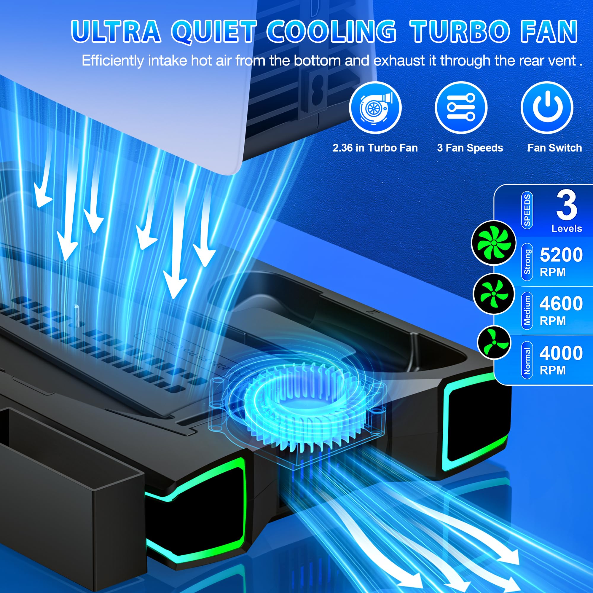 Supporto PS5 con ventola regolabile automaticamente a 3 livelli per controller PS5, stazione di ricarica/gancio per cuffie, PS5 Slim Base accessori con effetti di luce RGB per PS5 Slim Disc & console