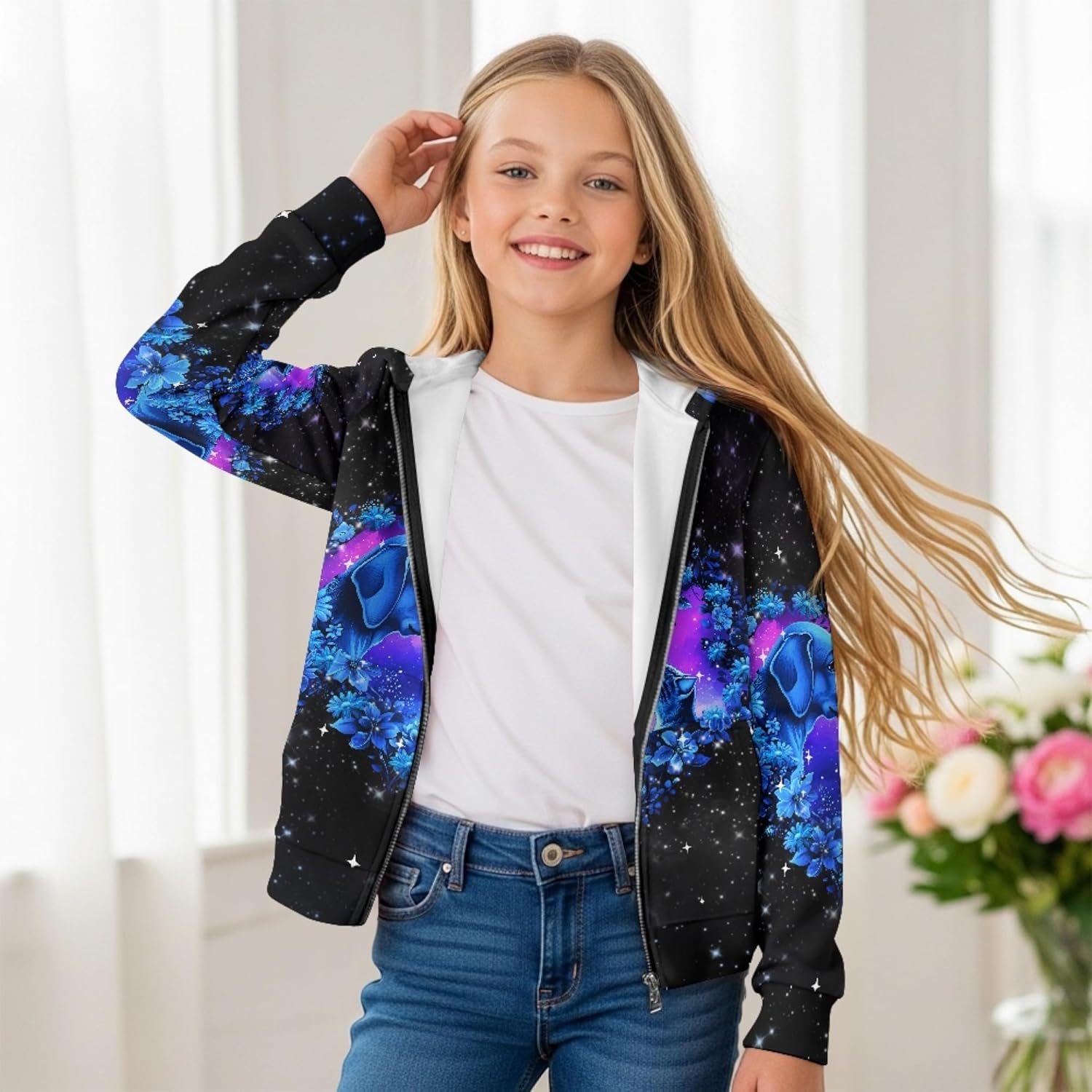 AmzPrint Oversized Girls Zipper Hoodie Long Sleeve Holiday Pullover Back To School Hoodies For Toddler Girls