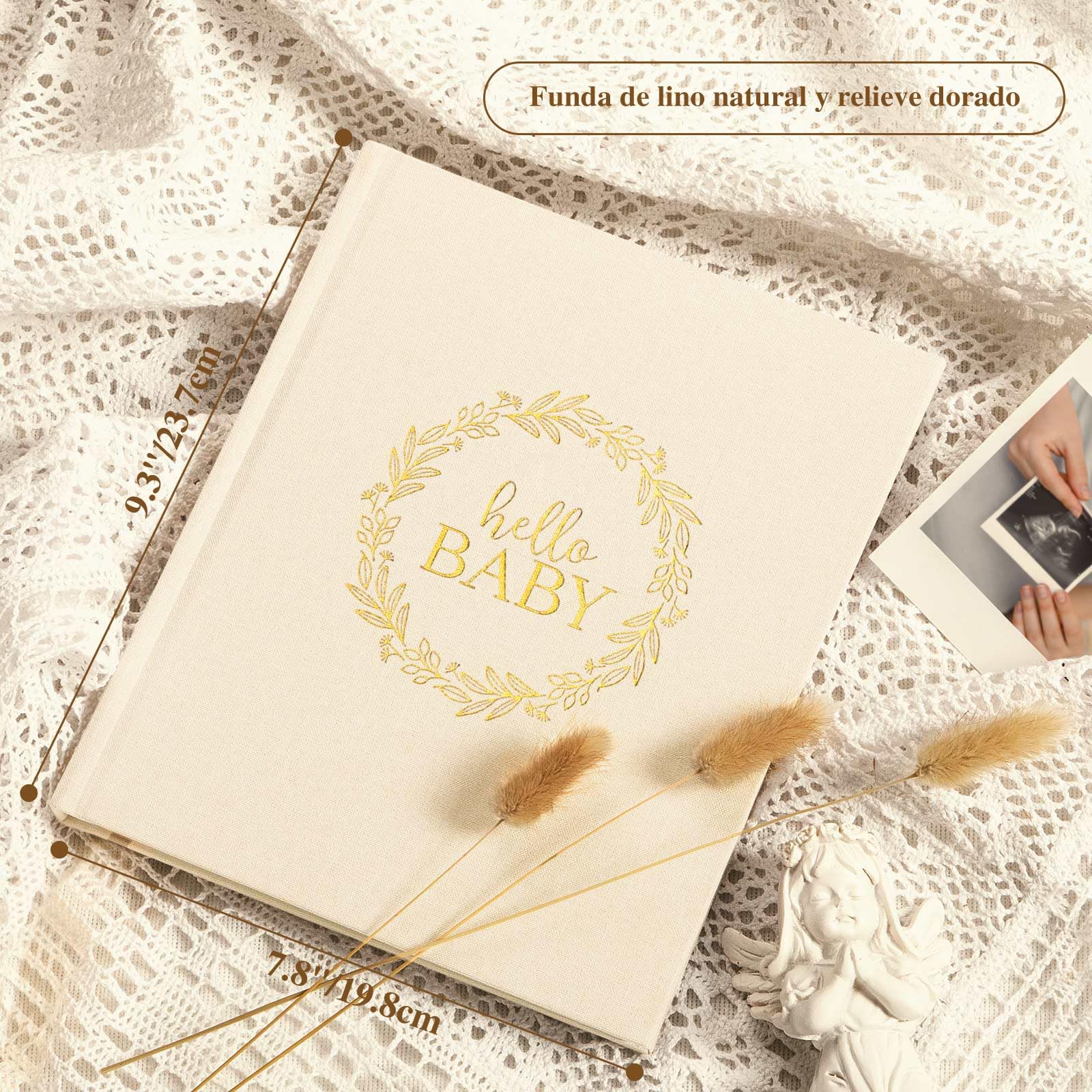 Lanpn Album Bebe Primer 5 Año para Niño Niña, Libro Recuerdos Bebé para Pegar Fotos y Escribir, Hello Baby Libros Cuaderno Diario Álbum Fotos Bebe Regalo Recién Nacido (Beige,154 Páginas, Inglés)