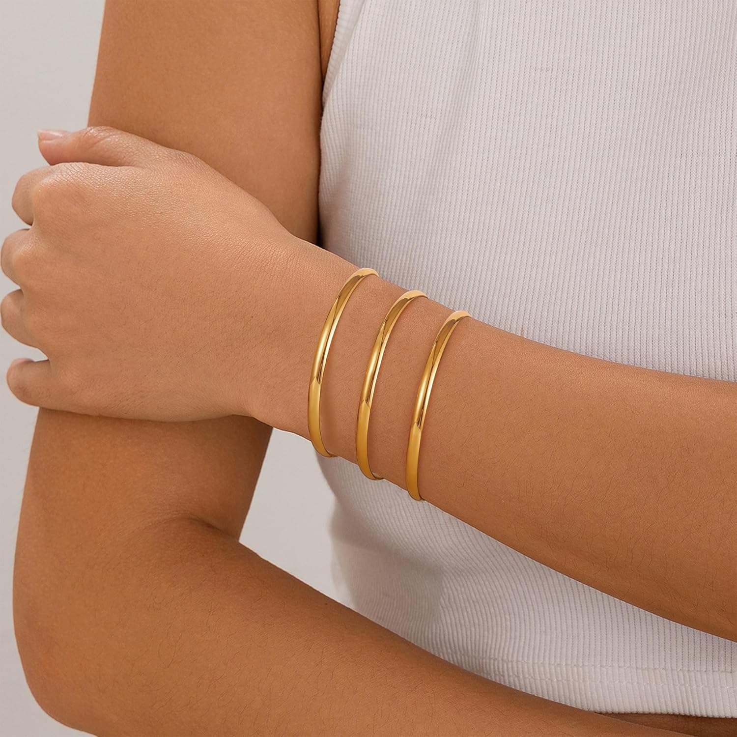 18K Gold Plated Bangles for Women Stainless Steel Glossy Stackable Thin Round Bracelets Solid Plain Polished Bangles Bracelets Set of 3 Jewelry for Women - Image 5