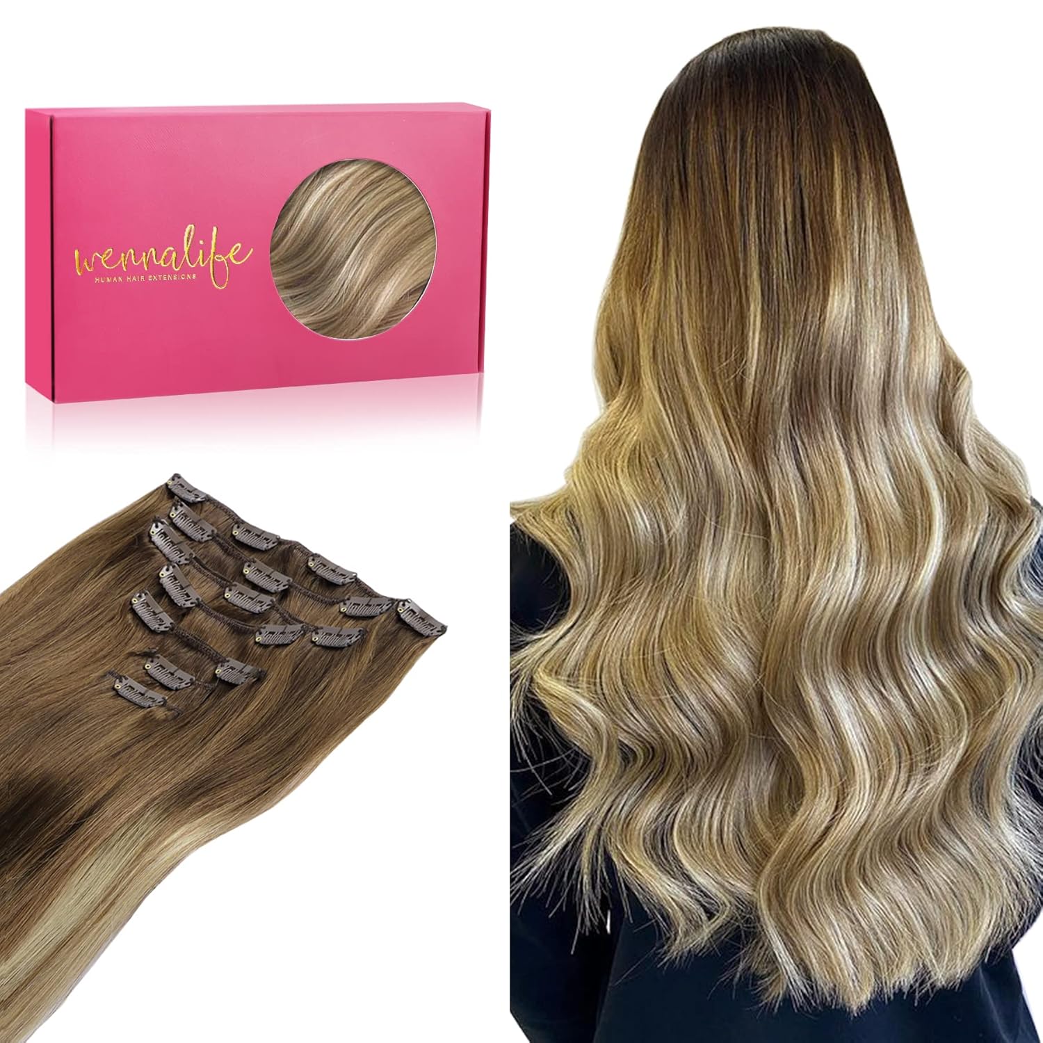 WENNALIFE Clip in Human Hair Extensions, 18 Inch 120g 7pcs