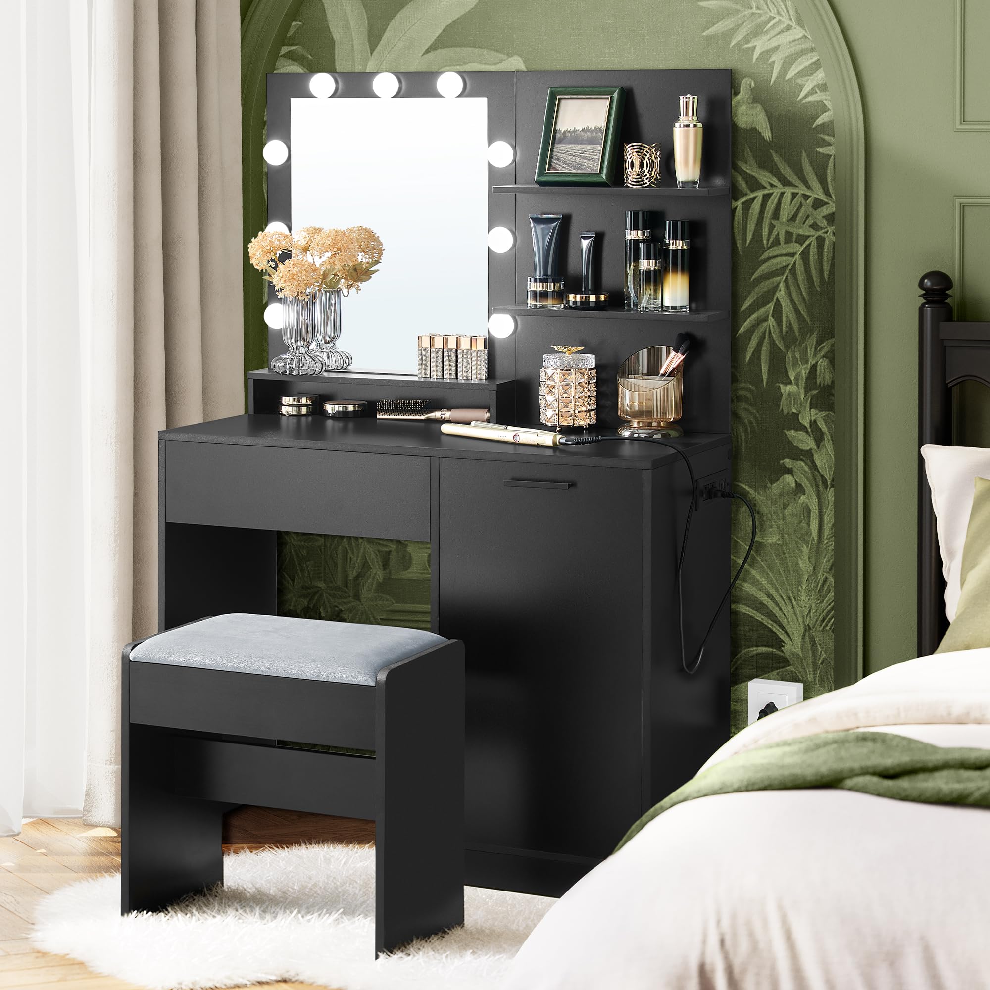 VASAGLE Vanity Desk with Mirror and Lights, 35.4-Inch Wide Makeup Vanity with Upholstered Vanity Stool, Power Outlets, Dimmable LED Lights, Storage Drawer, for Bedroom, Ink Black URDT128B01