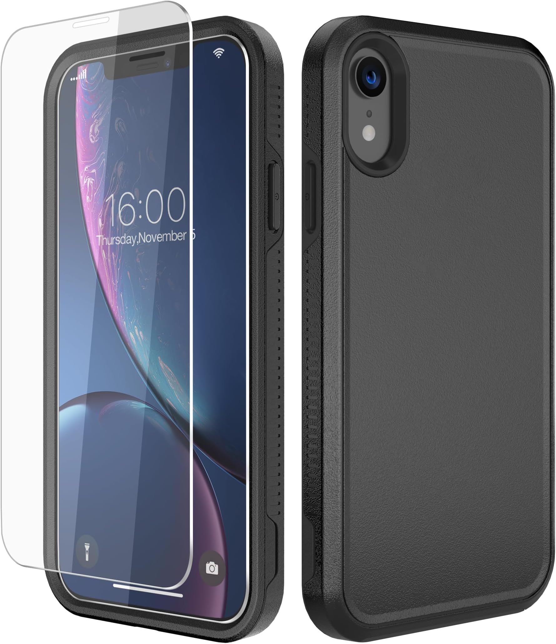 Diverbox for iPhone XR Case [Tempered Glass Screen Protector] [Shockproof] [Dropproof] Heavy Duty Protection Phone Case Cover for Apple iPhone XR (Black)