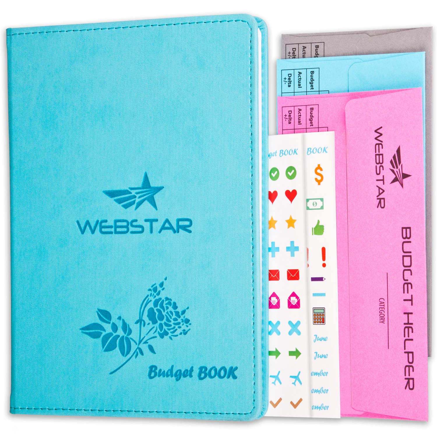 Webstar Budget Book Planner Organizer Journal - 3 Budget Envelopes & 160 Stickers Bonus | Undated Hardcover Monthly Tracker 8.2" x 5.9" Notebook (Turquoise)