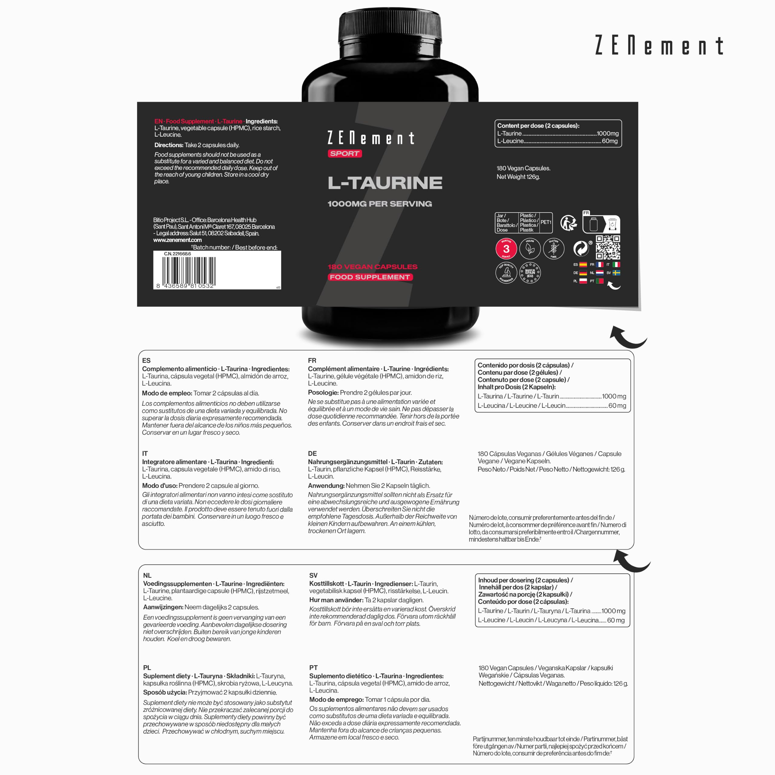 L‑Tauryna 1000 mg na porcję (2 kapsułki) – 180 kapsułek wegańskich (3‑mies. zapas) – Czysta tauryna – Suplement sportowy – Bez glutenu, laktozy, soi, bez zbędnych dodatków – Zenement